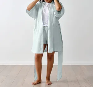 Nimes Linen One Size Short Bathrobe Sky