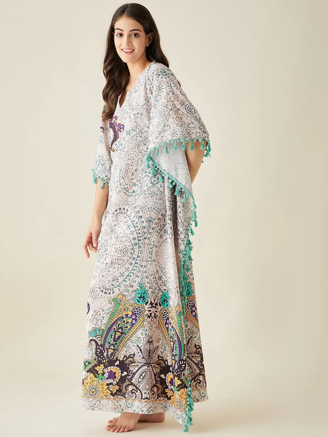 Off-White Multicolored Paisley Printed Kaftan Nightdress  - The Kaftan Company