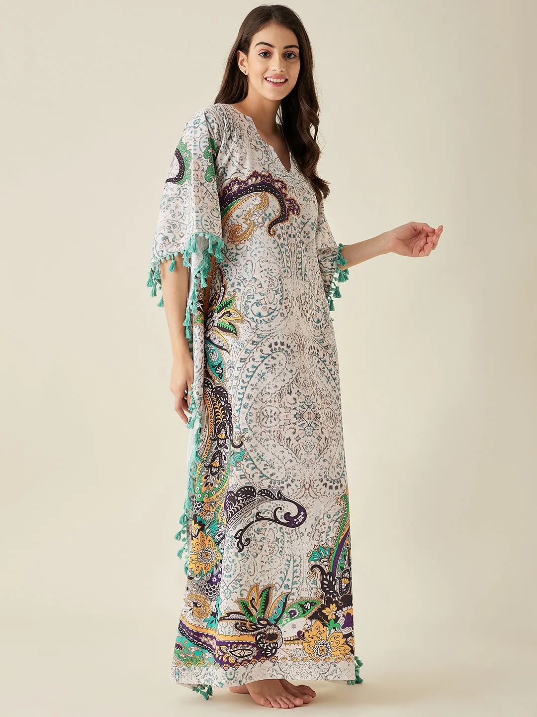 Off-White Multicolored Paisley Printed Kaftan Nightdress  - The Kaftan Company