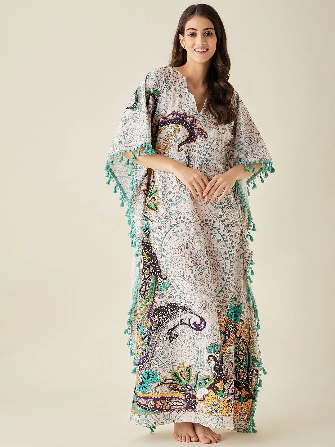 Off-White Multicolored Paisley Printed Kaftan Nightdress  - The Kaftan Company