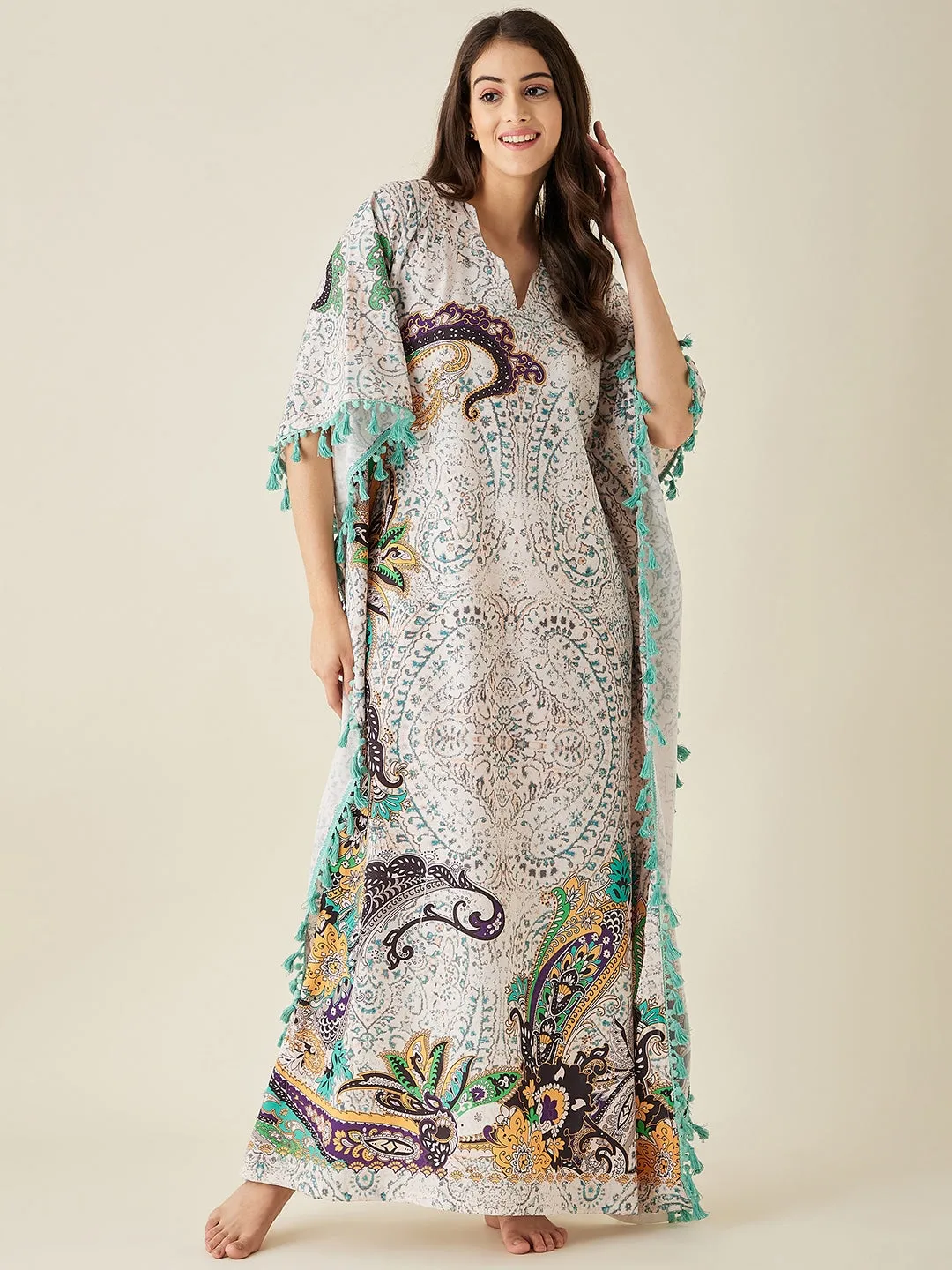 Off-White Multicolored Paisley Printed Kaftan Nightdress  - The Kaftan Company