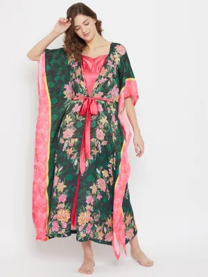 Oriental Garden Green Satin Kaftan Gown - (Clearance - Final Sale)