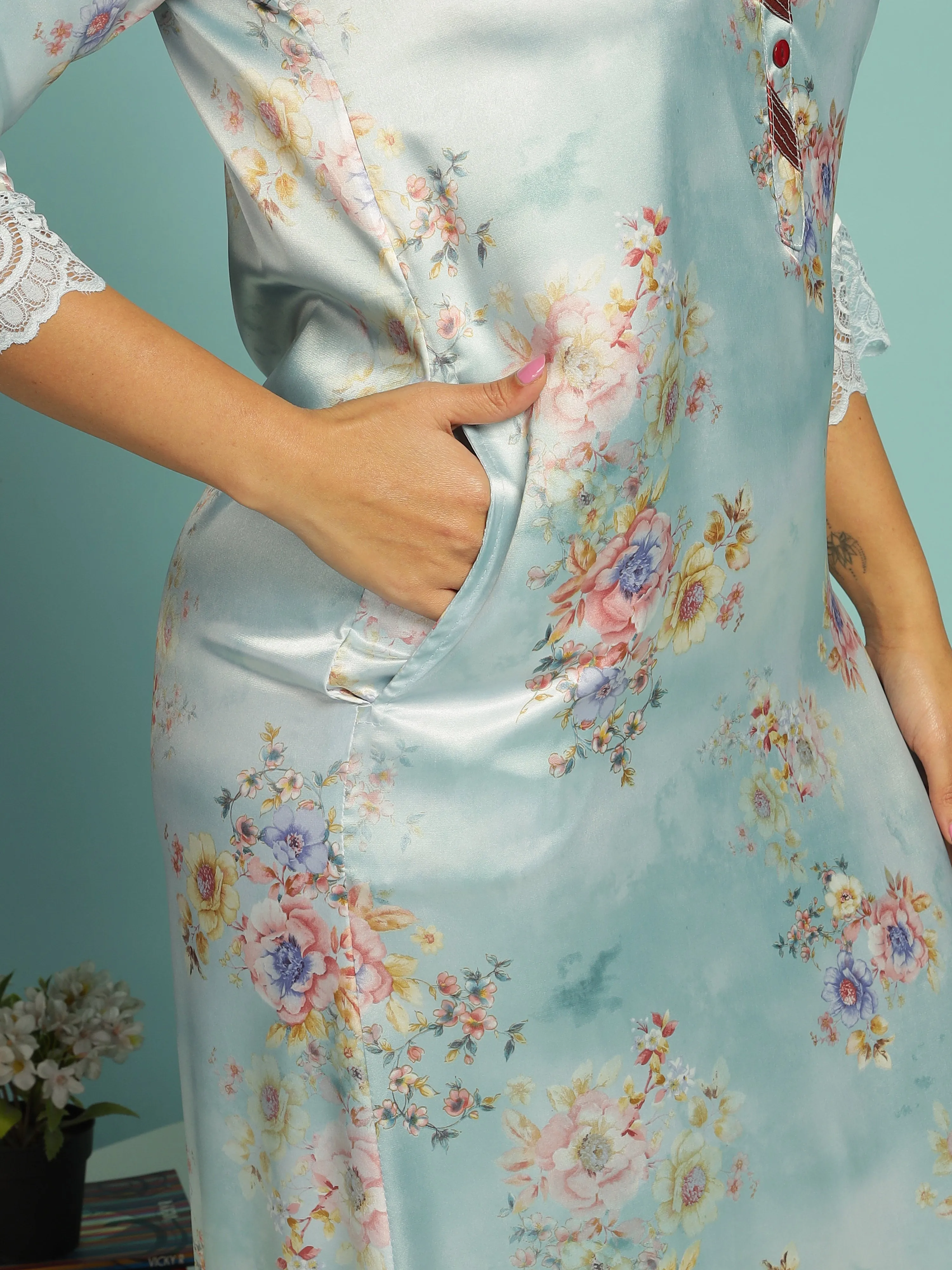 Pastel Blue Satin Nighty for Women With Soft & Elegant Floral Pattern