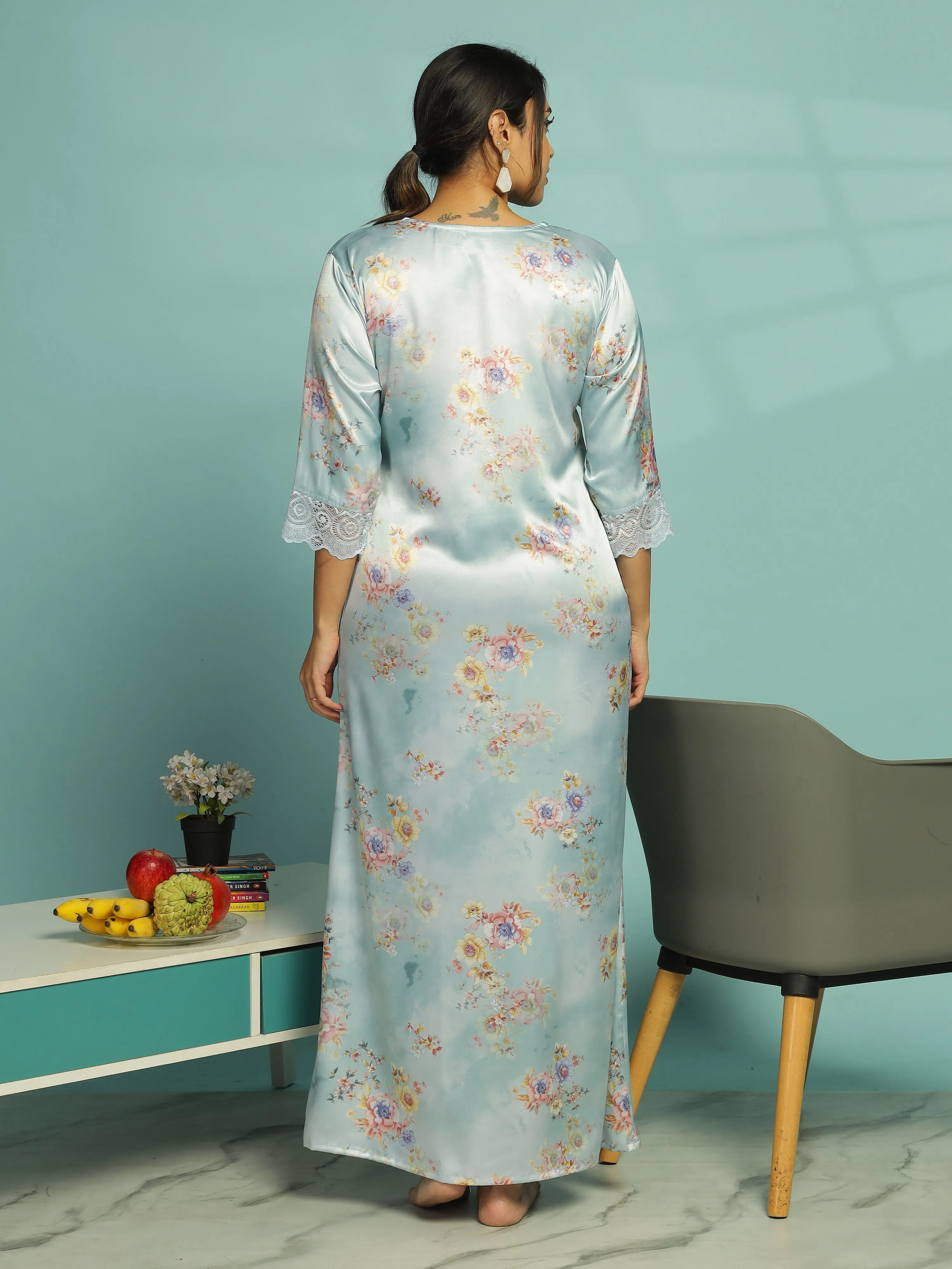 Pastel Blue Satin Nighty for Women With Soft & Elegant Floral Pattern