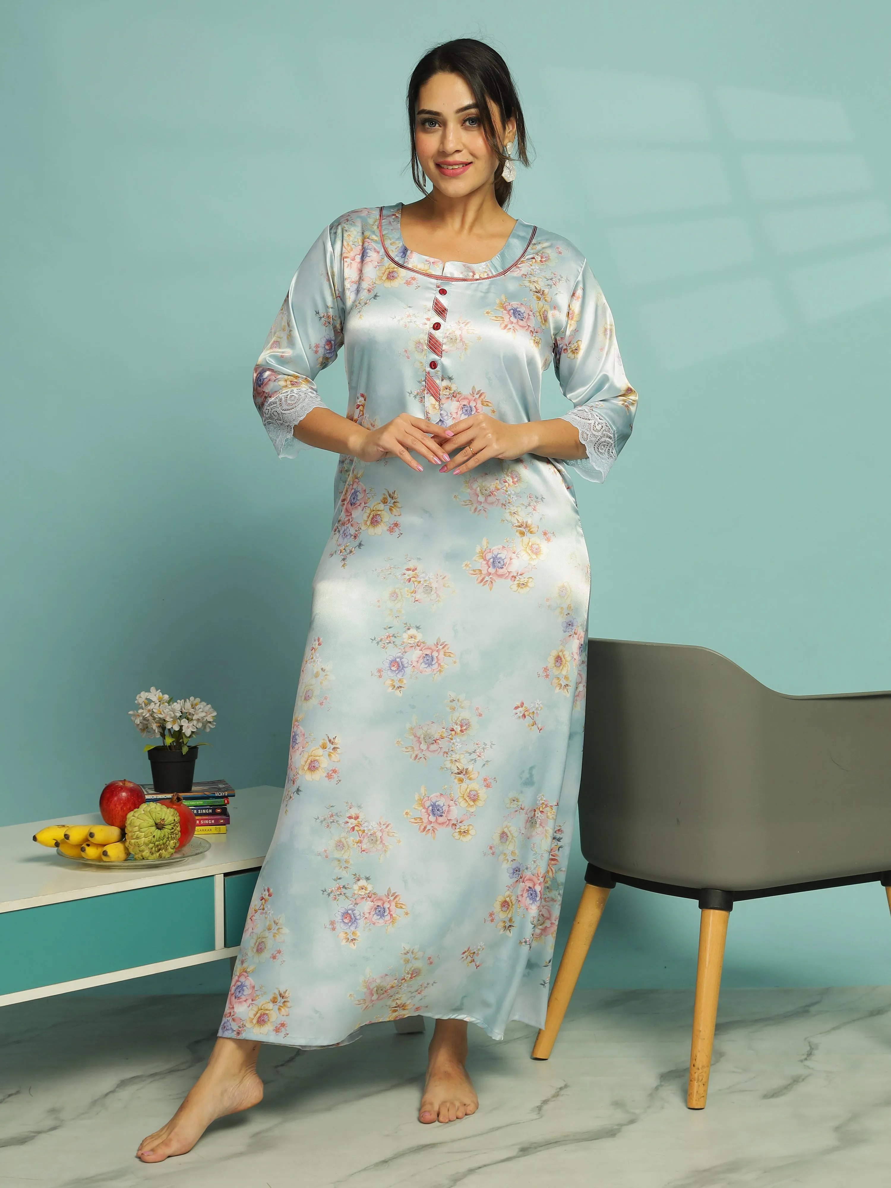 Pastel Blue Satin Nighty for Women With Soft & Elegant Floral Pattern