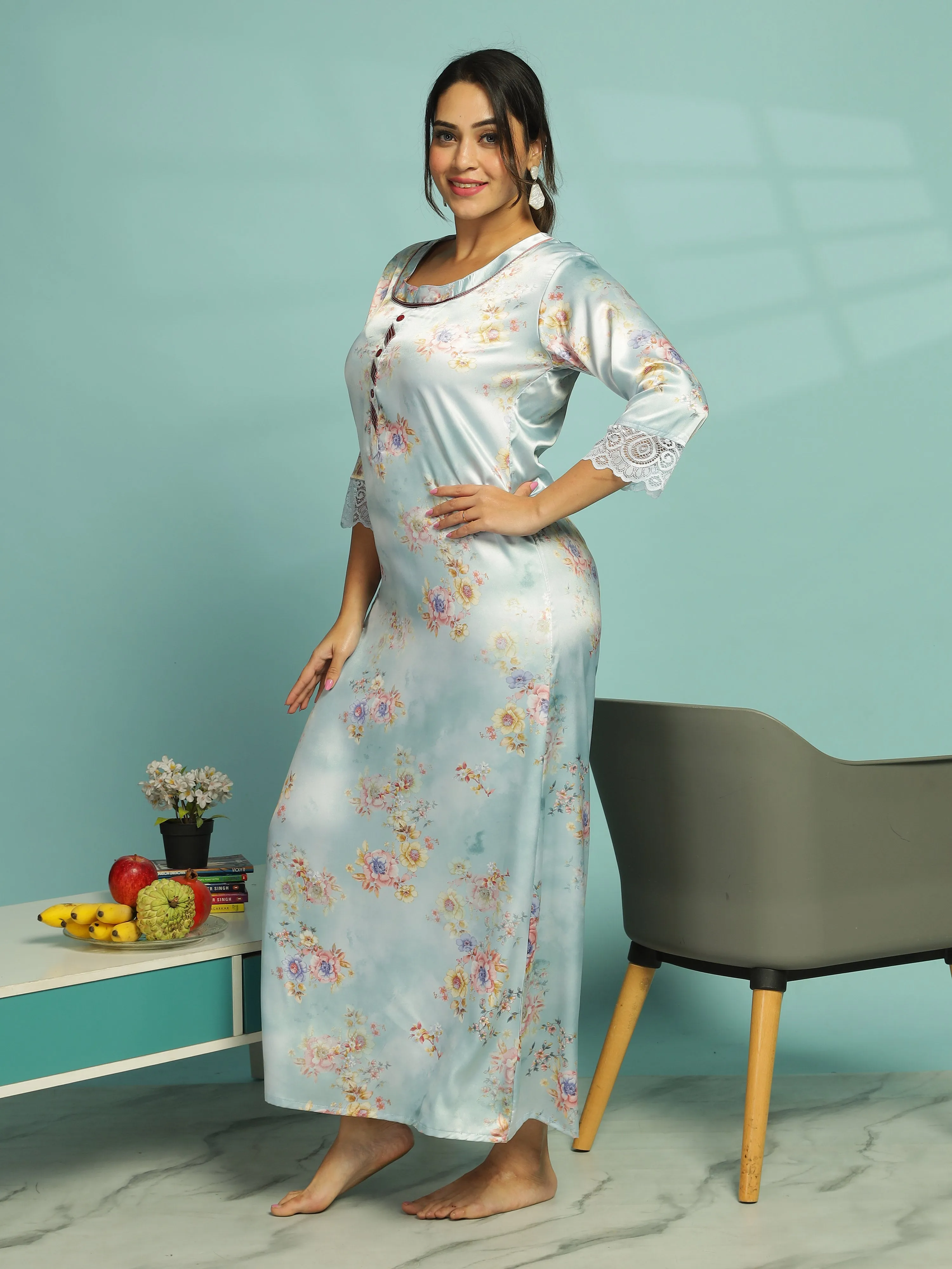 Pastel Blue Satin Nighty for Women With Soft & Elegant Floral Pattern