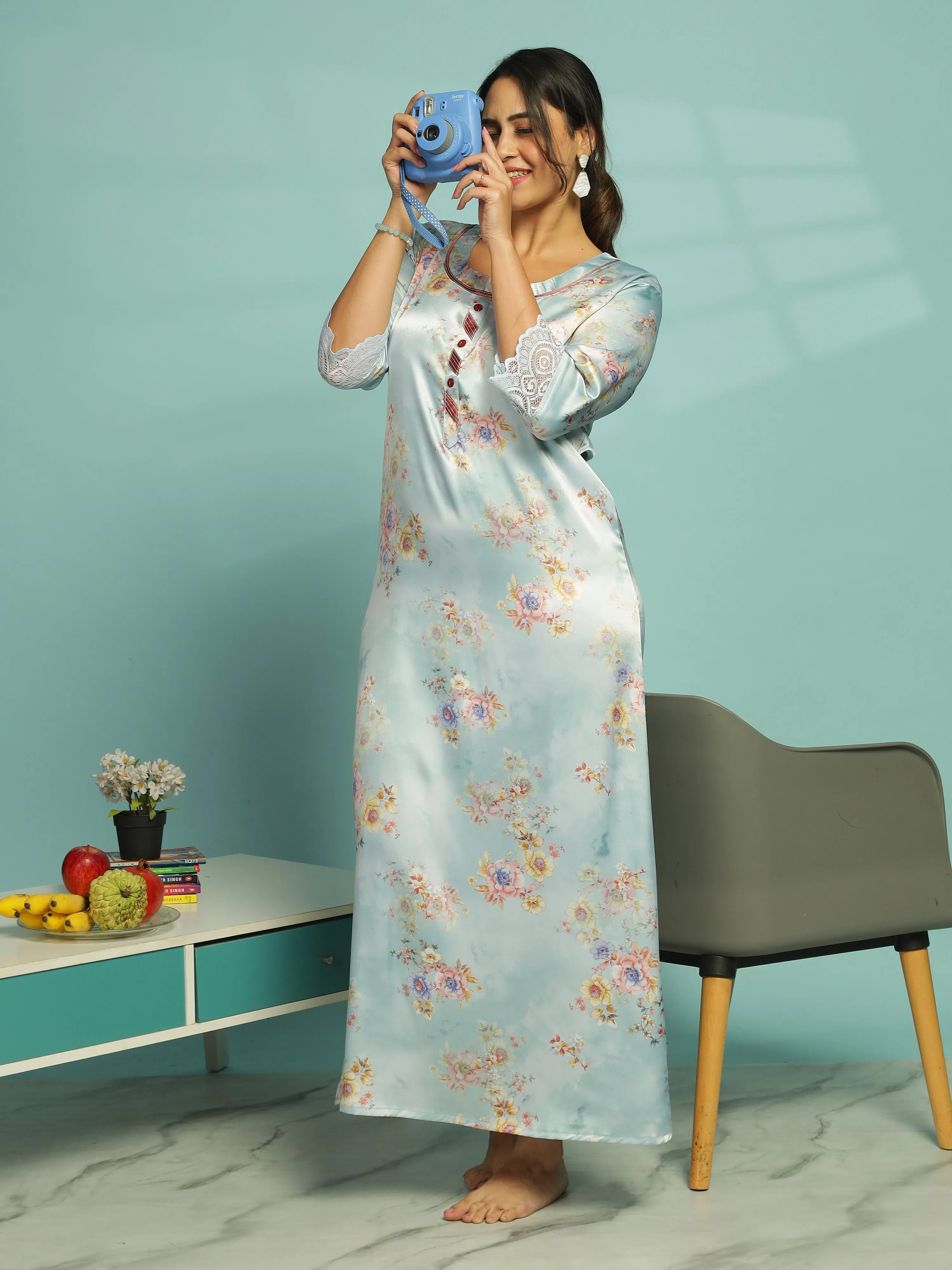 Pastel Blue Satin Nighty for Women With Soft & Elegant Floral Pattern