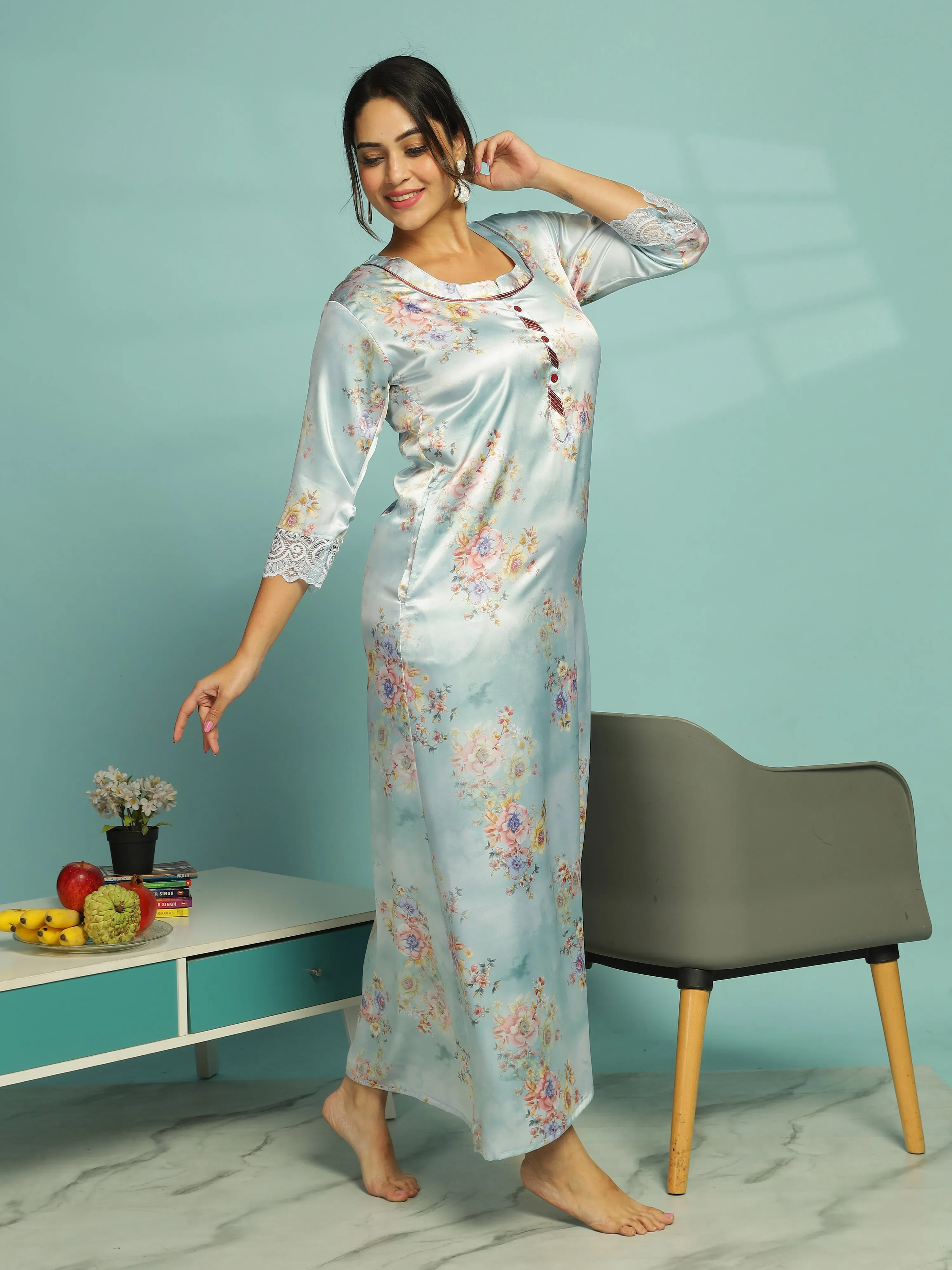 Pastel Blue Satin Nighty for Women With Soft & Elegant Floral Pattern