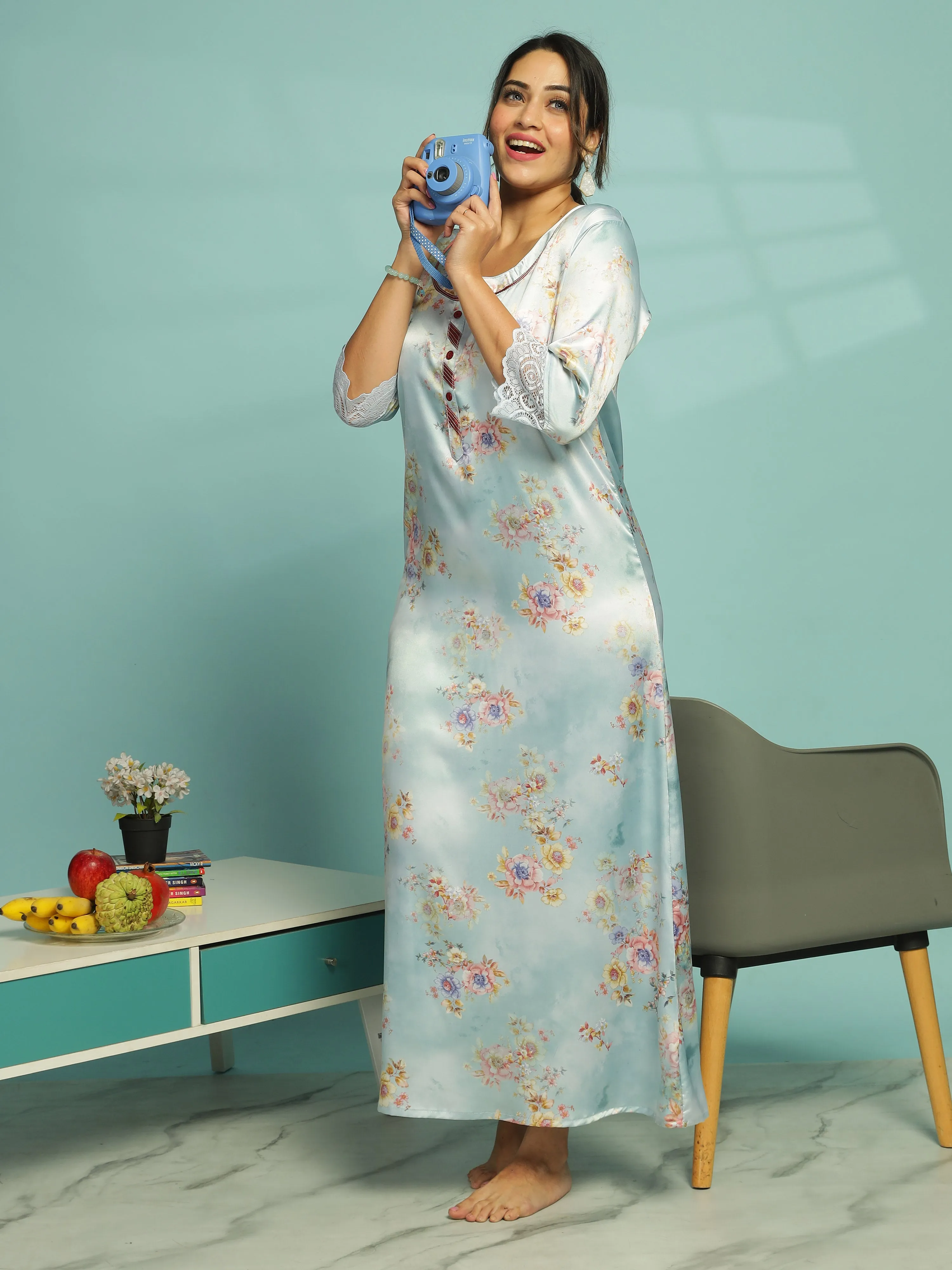 Pastel Blue Satin Nighty for Women With Soft & Elegant Floral Pattern