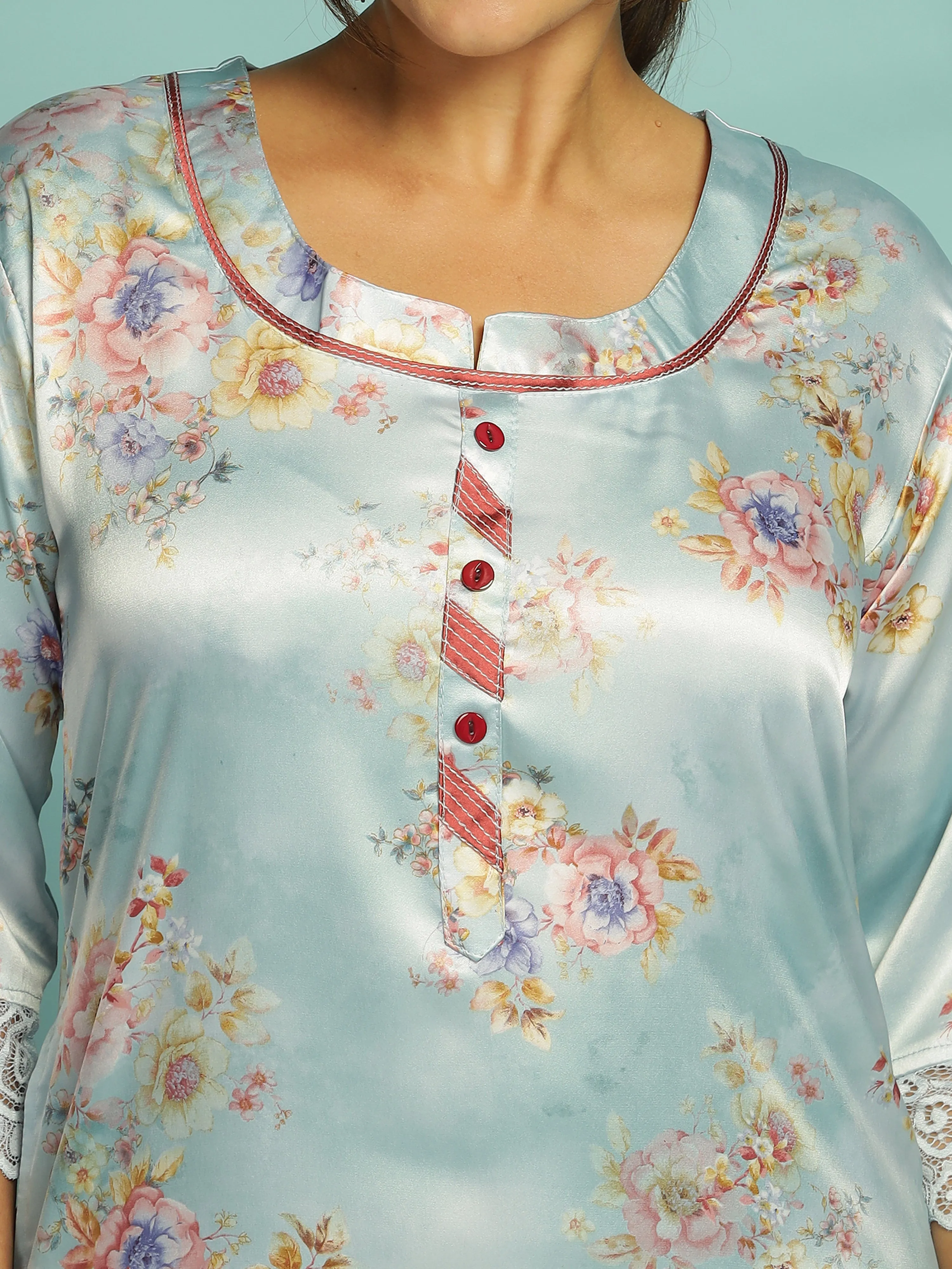 Pastel Blue Satin Nighty for Women With Soft & Elegant Floral Pattern