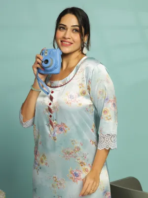 Pastel Blue Satin Nighty for Women With Soft & Elegant Floral Pattern