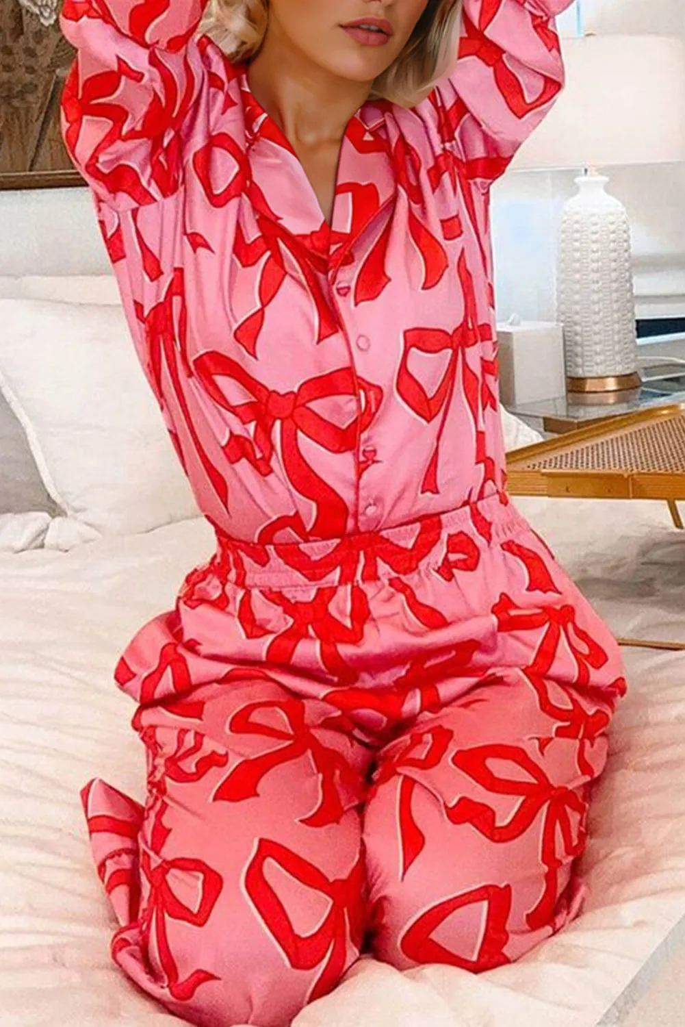 Pink Bow Button Up and Loose Pants Pajama Set