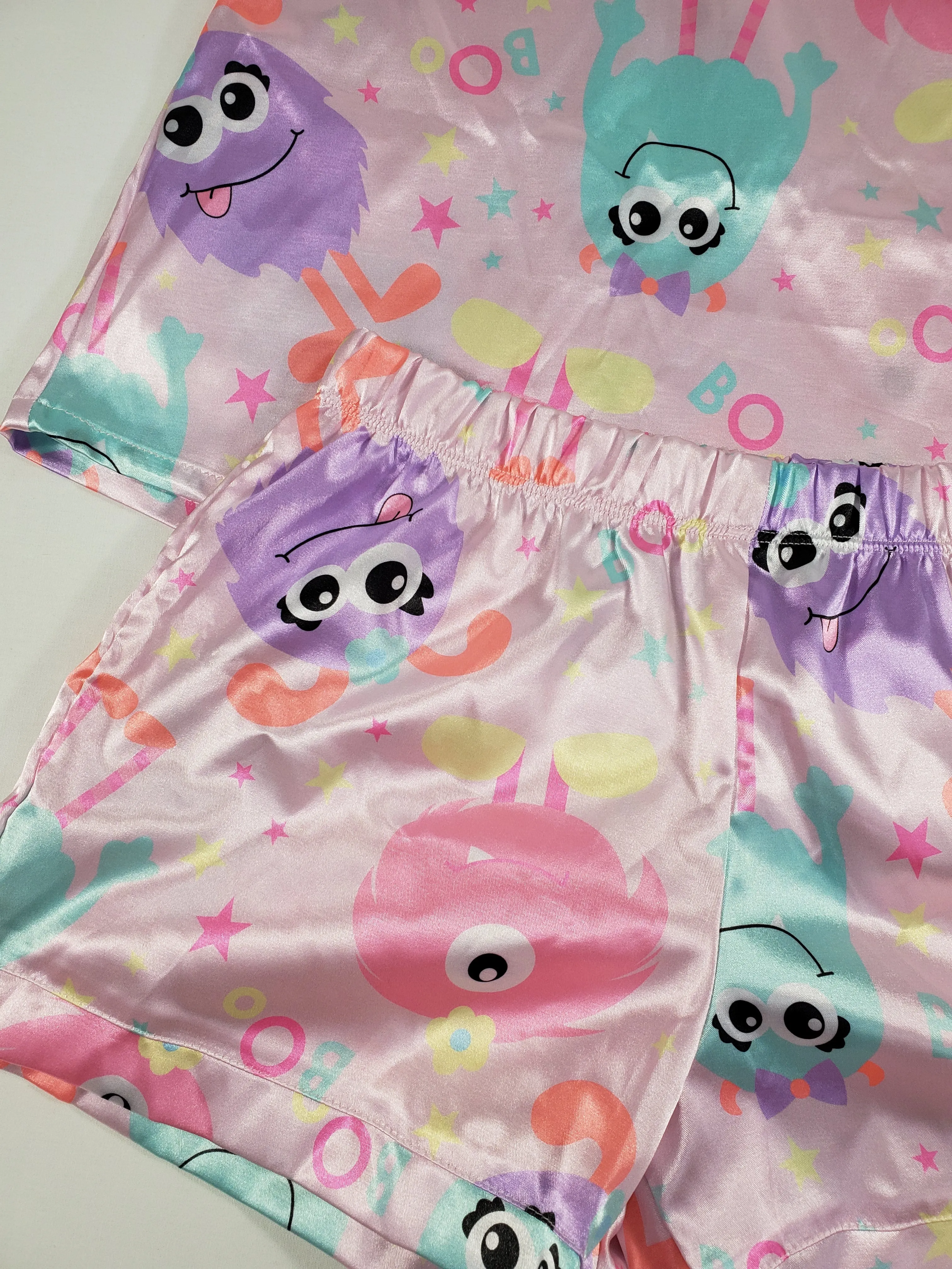 Pink satin Women's pajama set cute monster theme shorts and blouse