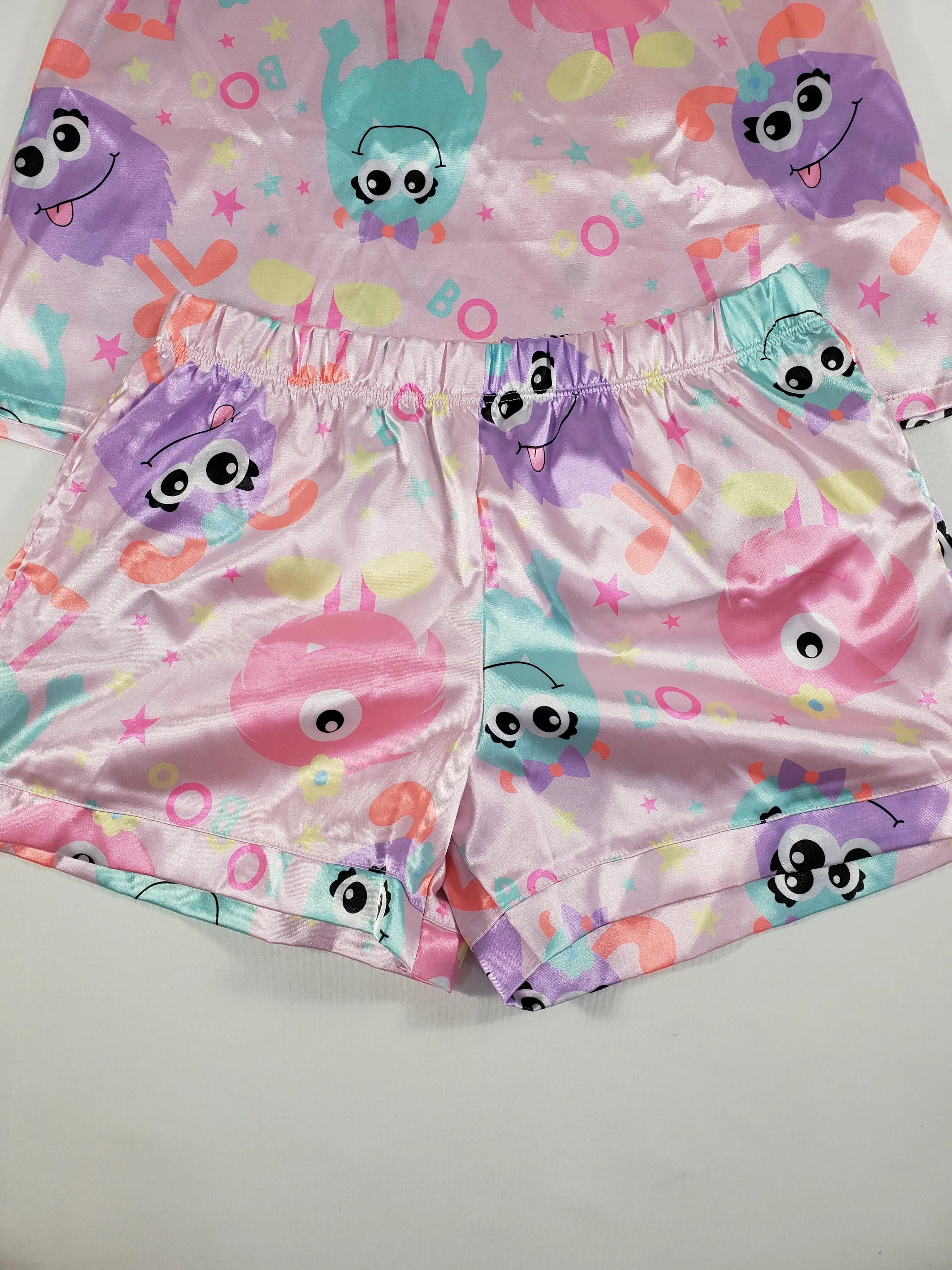 Pink satin Women's pajama set cute monster theme shorts and blouse