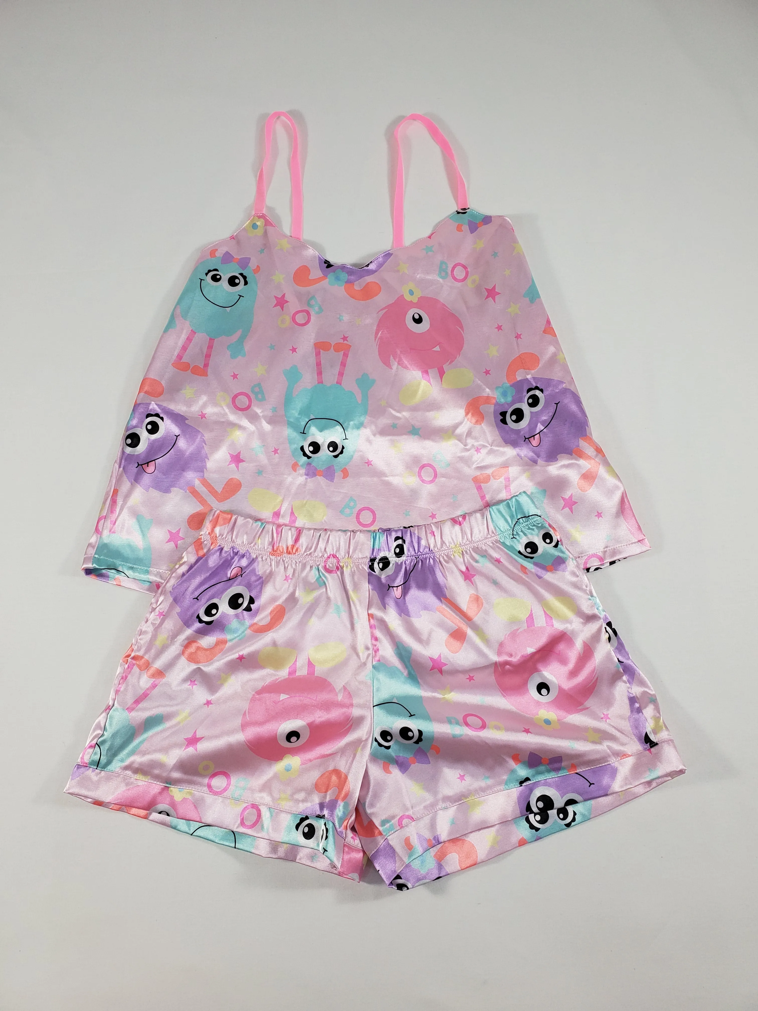 Pink satin Women's pajama set cute monster theme shorts and blouse