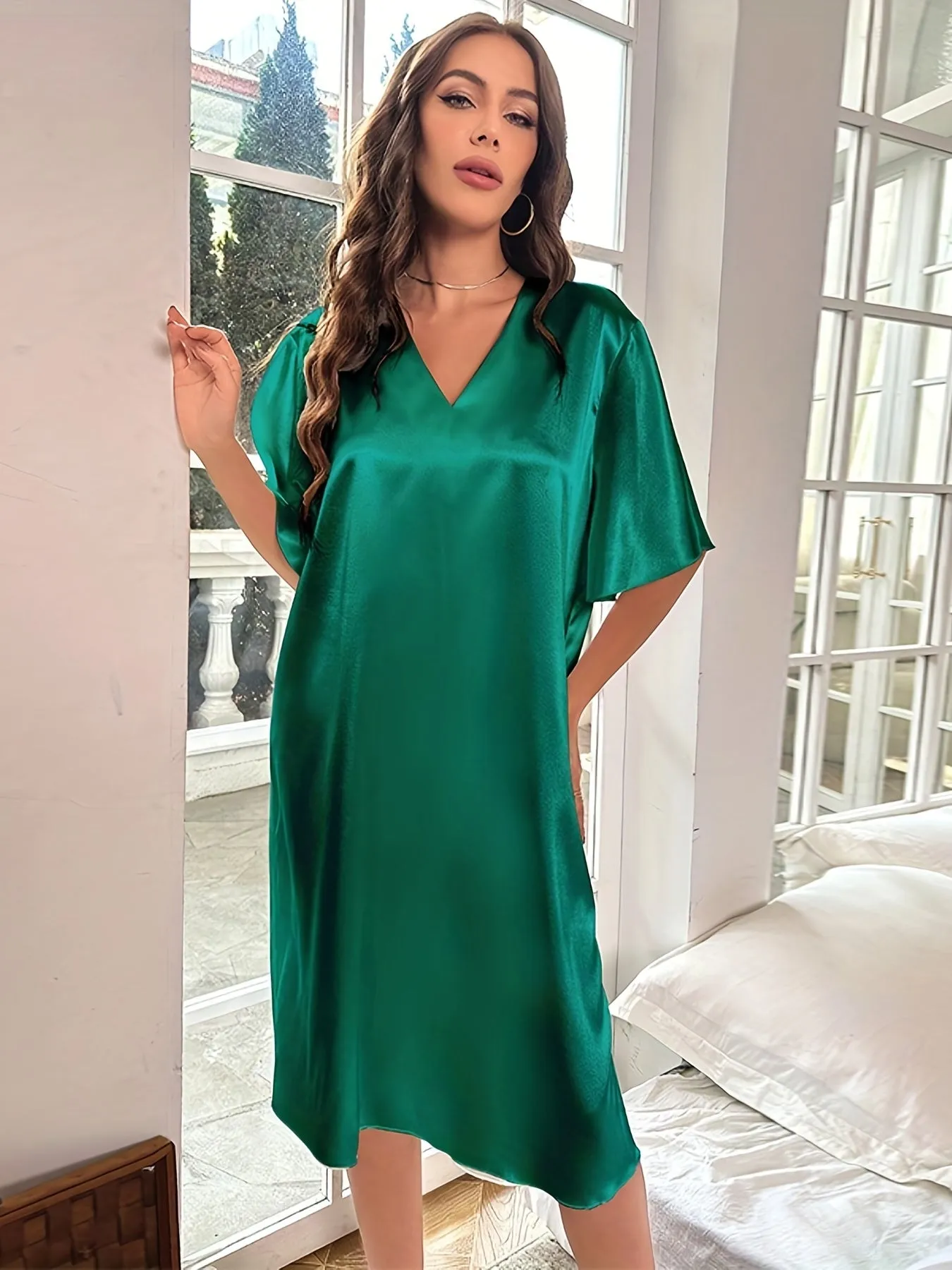 Plus Size Elegant Nightdress for Women, Featuring Smooth Satin, Ruffle Sleeves, and V Neck Design for Serene Sleep