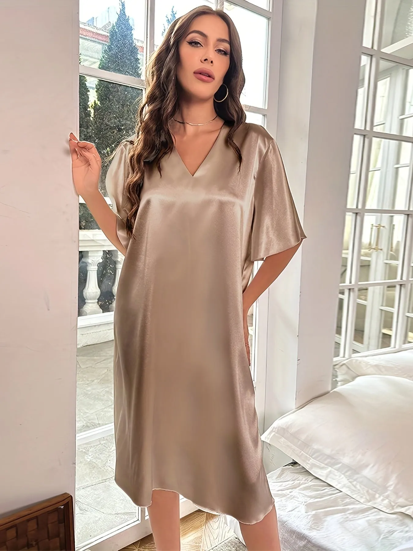 Plus Size Elegant Nightdress for Women, Featuring Smooth Satin, Ruffle Sleeves, and V Neck Design for Serene Sleep