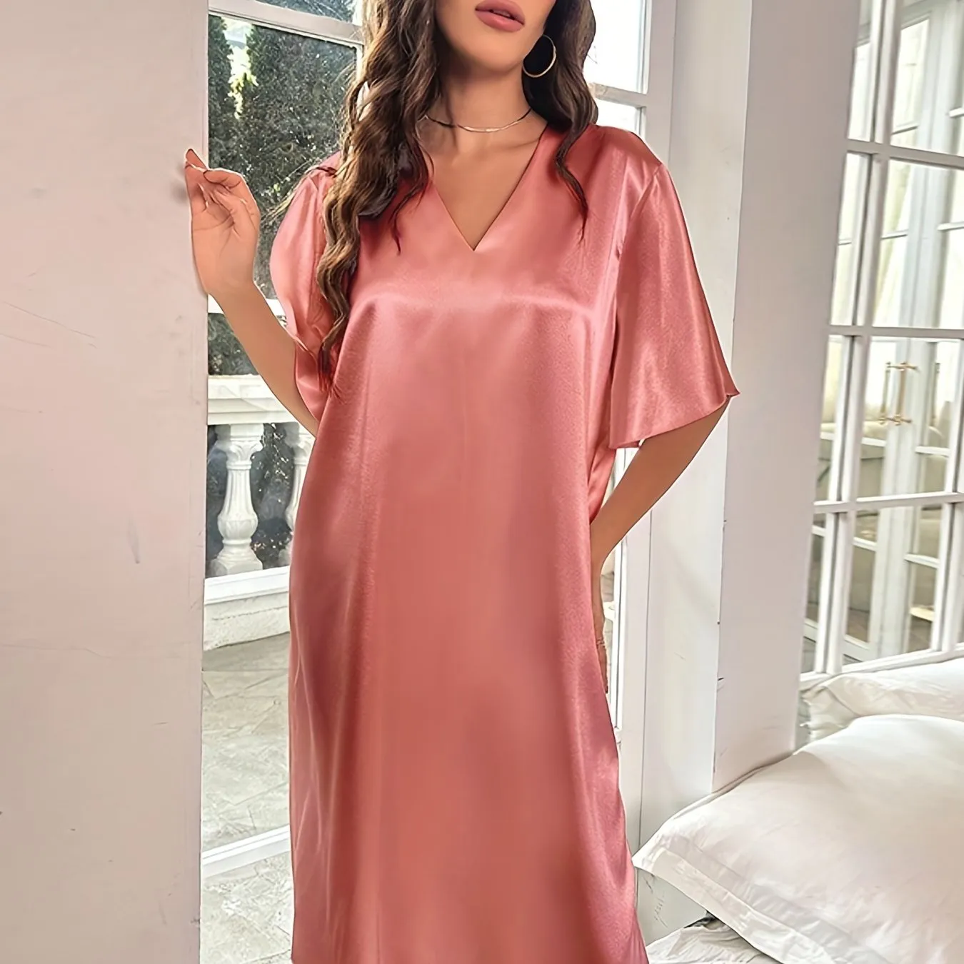 Plus Size Elegant Nightdress for Women, Featuring Smooth Satin, Ruffle Sleeves, and V Neck Design for Serene Sleep