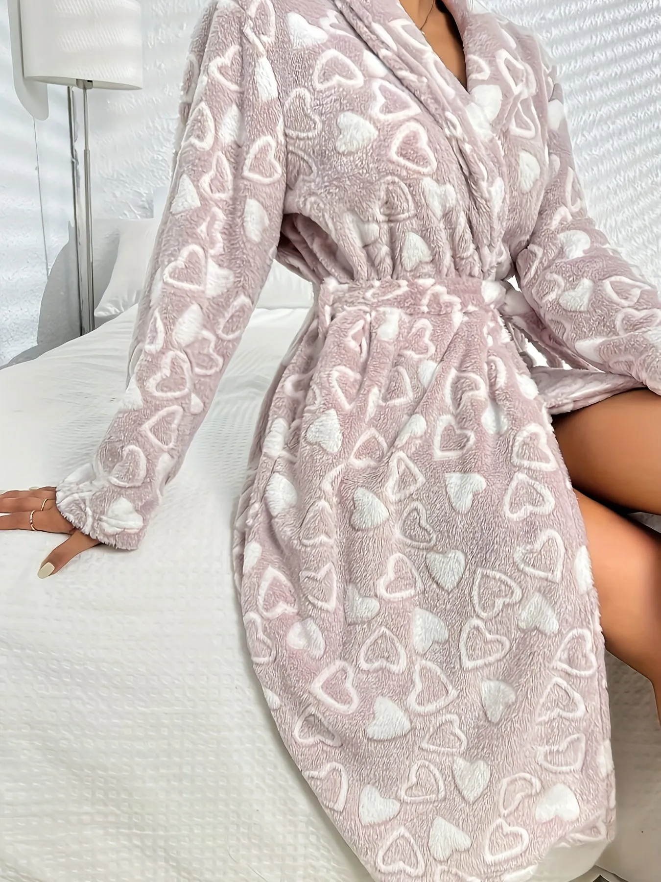 Plus Size Womens Cozy Heart Pattern Fluffy Plush Long Sleeve Winter Robe Set - Soft V-Neck, Machine Washable, Belted, Slight Stretch Polyester Knit Fabric - Perfect for Casual Lounge Wear