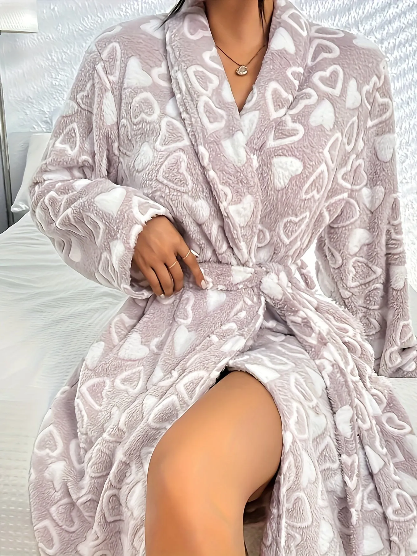 Plus Size Womens Cozy Heart Pattern Fluffy Plush Long Sleeve Winter Robe Set - Soft V-Neck, Machine Washable, Belted, Slight Stretch Polyester Knit Fabric - Perfect for Casual Lounge Wear