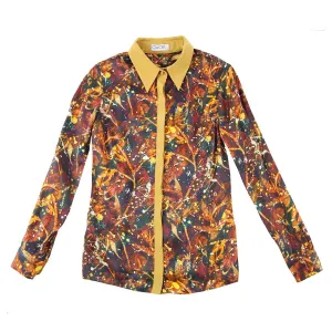 Printed Silk Button-Up Blouse with Gold Trim