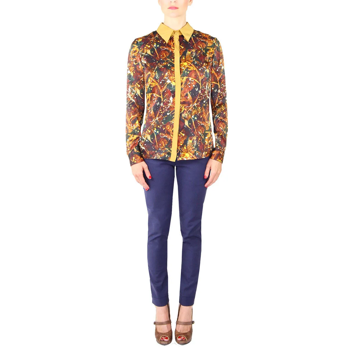 Printed Silk Button-Up Blouse with Gold Trim