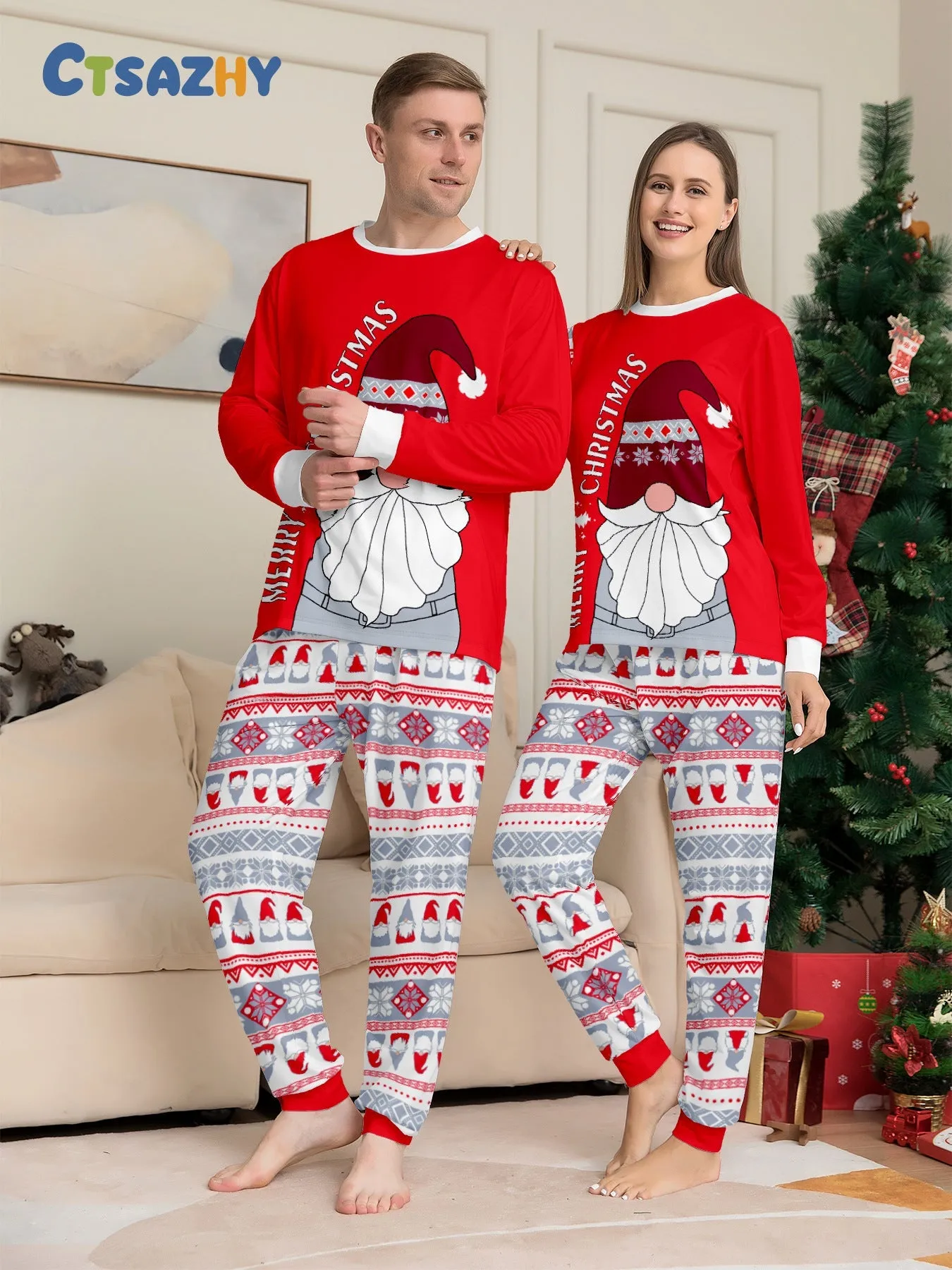 Red Santa Hat Printed Family Matching Christmas Pajamas Sets