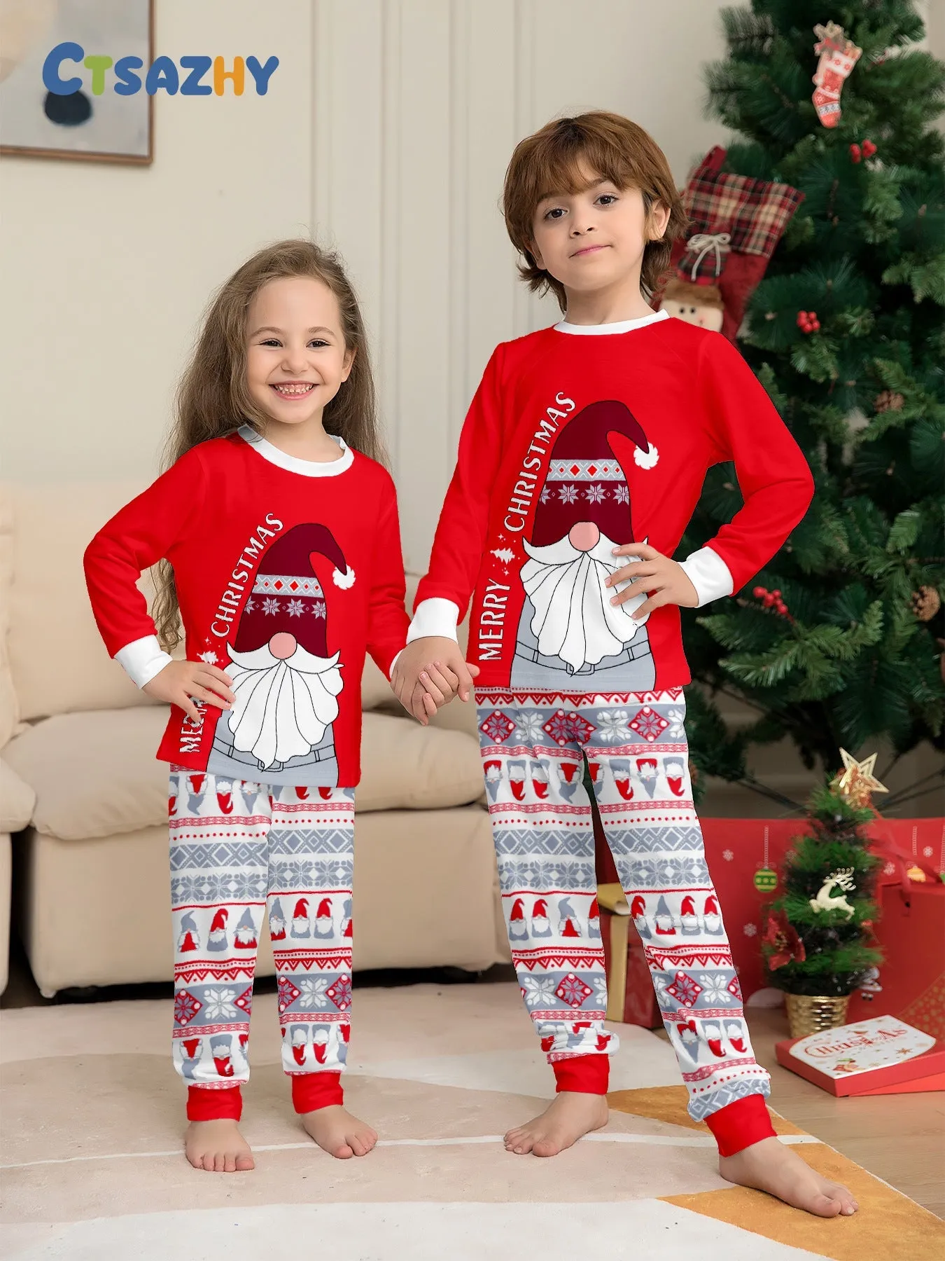 Red Santa Hat Printed Family Matching Christmas Pajamas Sets