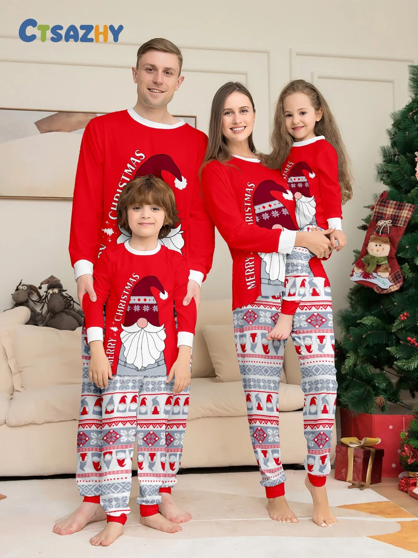 Red Santa Hat Printed Family Matching Christmas Pajamas Sets