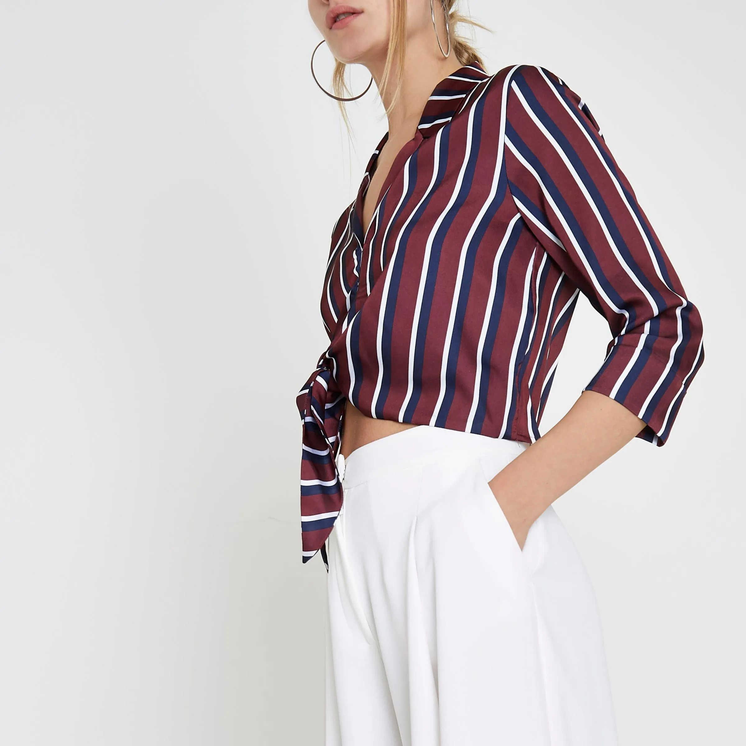 River Island Womens Red Stripe Satin Tie Front Shirt