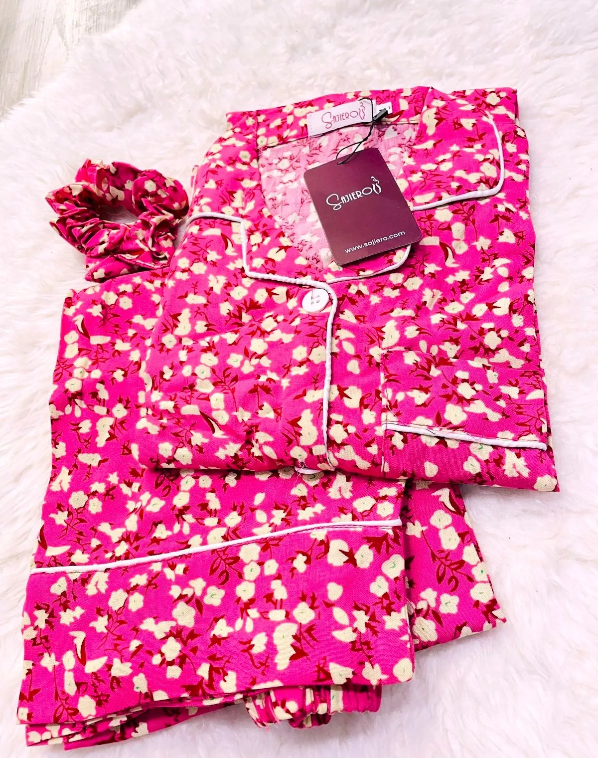 Sajiero Galaxy Boski Linen Floral Printed Pajama Suit Bush Pink Delight