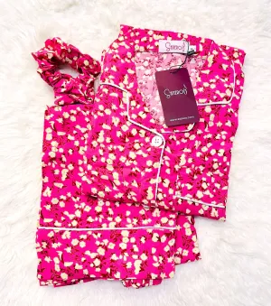 Sajiero Galaxy Boski Linen Floral Printed Pajama Suit Bush Pink Delight