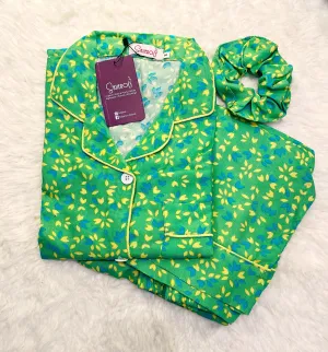 Sajiero Galaxy Boski Linen  Printed Pajama Suit Green Leaves