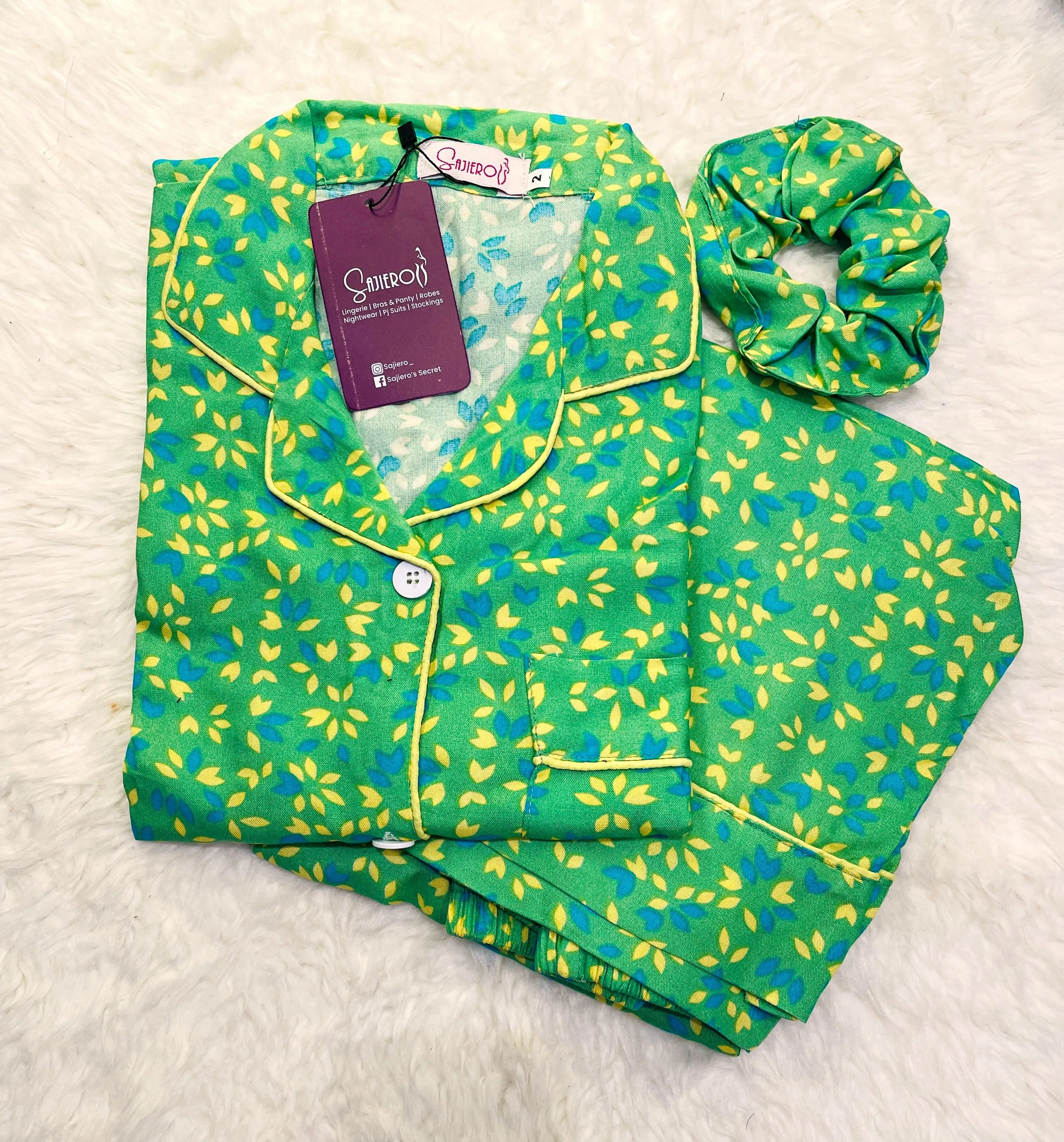 Sajiero Galaxy Boski Linen  Printed Pajama Suit Green Leaves