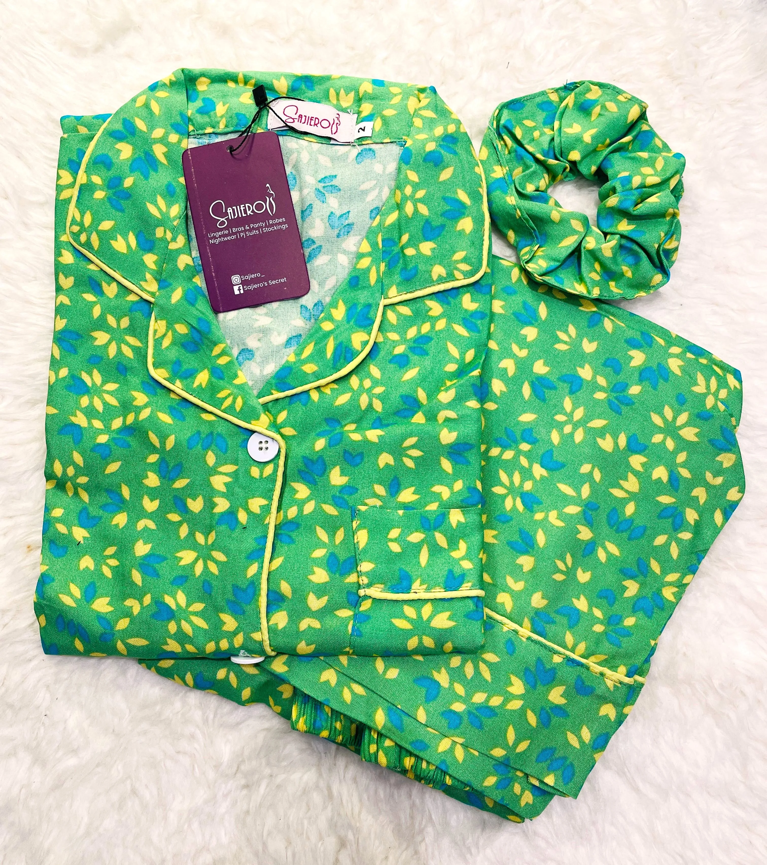 Sajiero Galaxy Boski Linen  Printed Pajama Suit Green Leaves