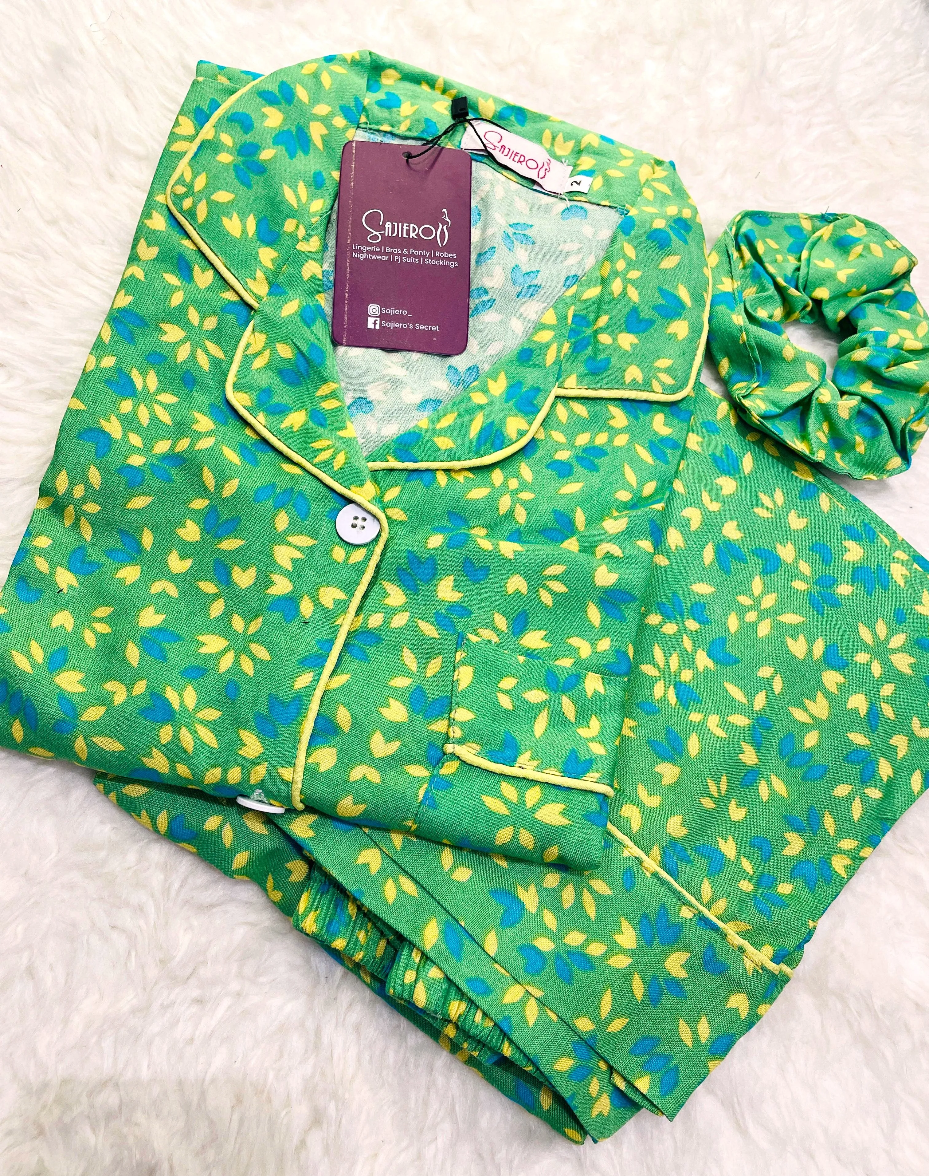 Sajiero Galaxy Boski Linen  Printed Pajama Suit Green Leaves