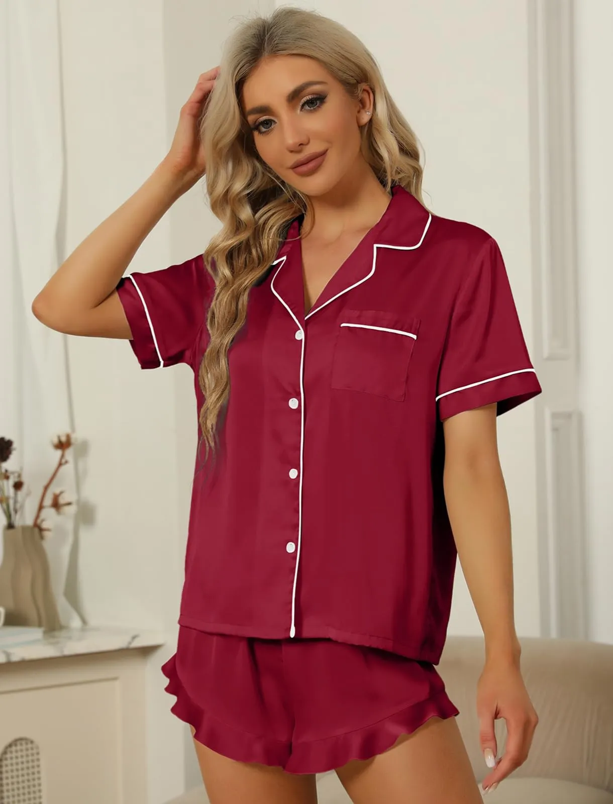 SAPJON Satin Silk Pajamas for Women 2Pcs Ruffle Sleepwear Button Down Wine Red