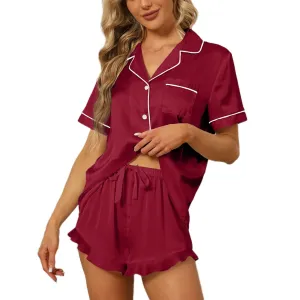 SAPJON Satin Silk Pajamas for Women 2Pcs Ruffle Sleepwear Button Down Wine Red