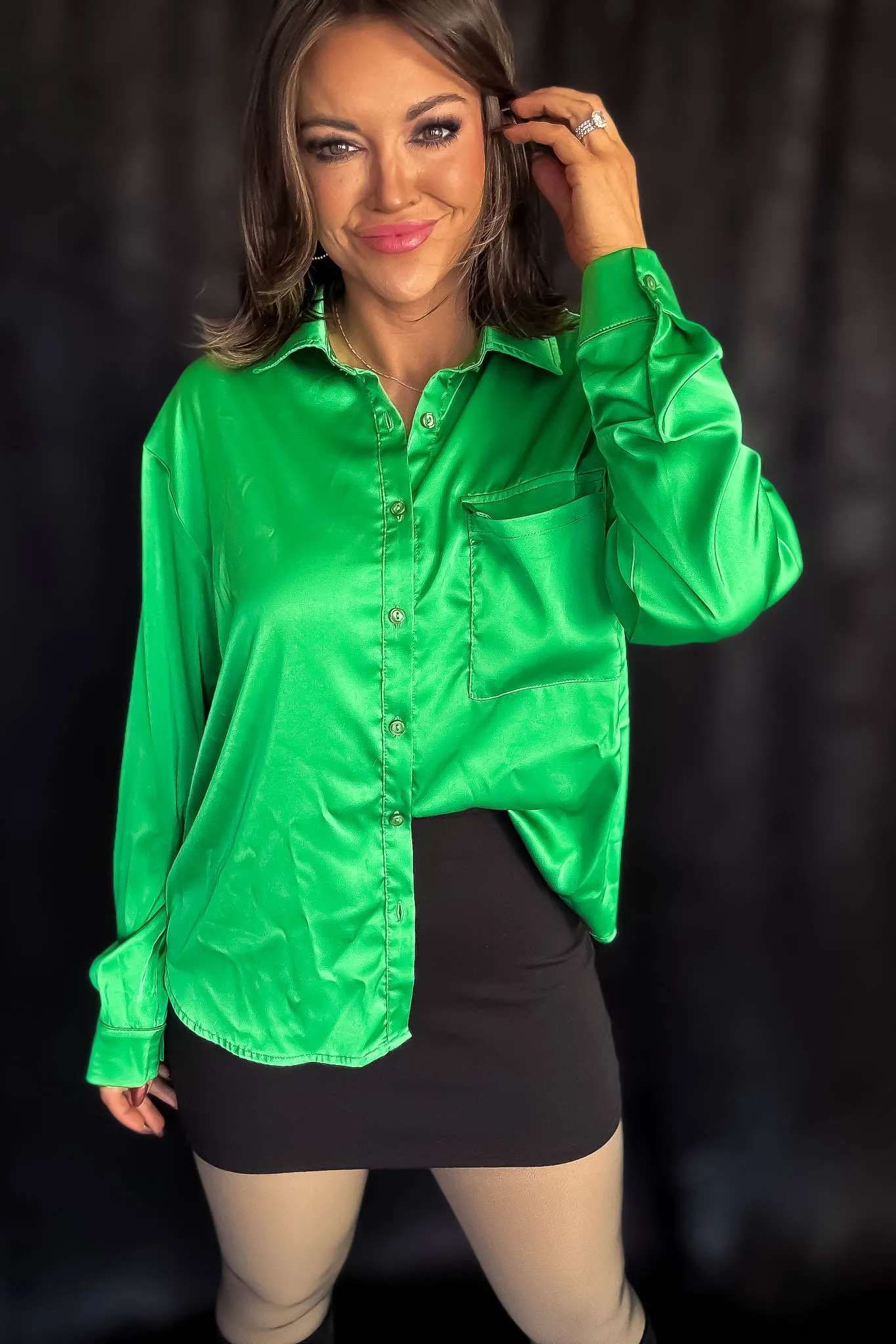 Satin Green Button Down Blouse