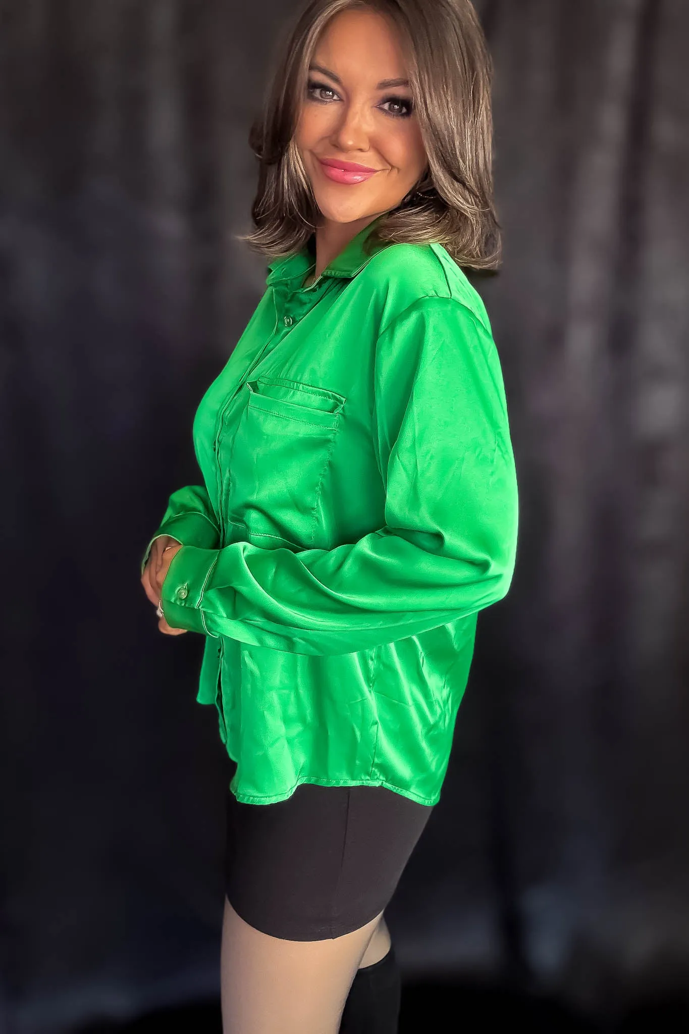 Satin Green Button Down Blouse