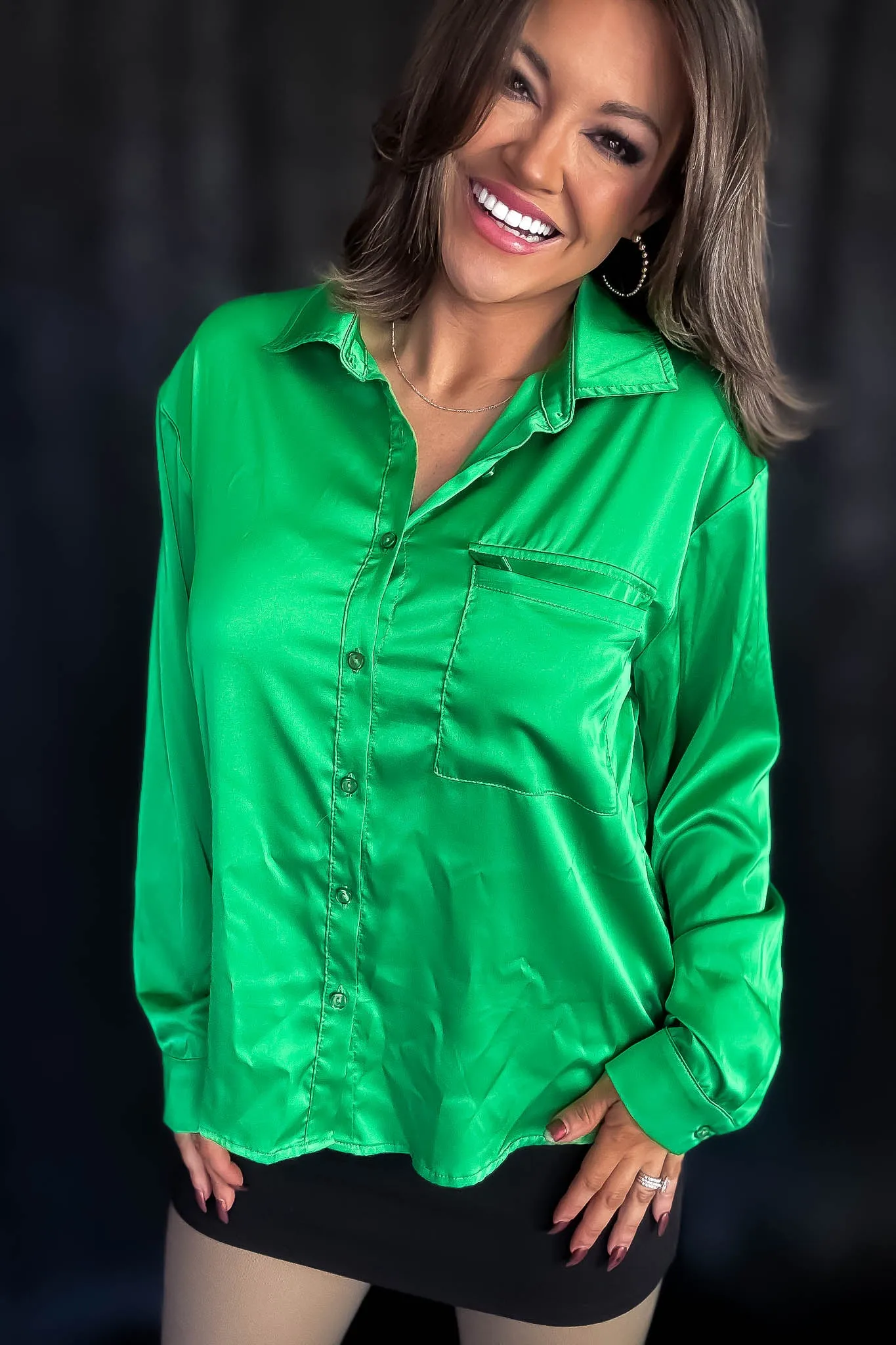 Satin Green Button Down Blouse