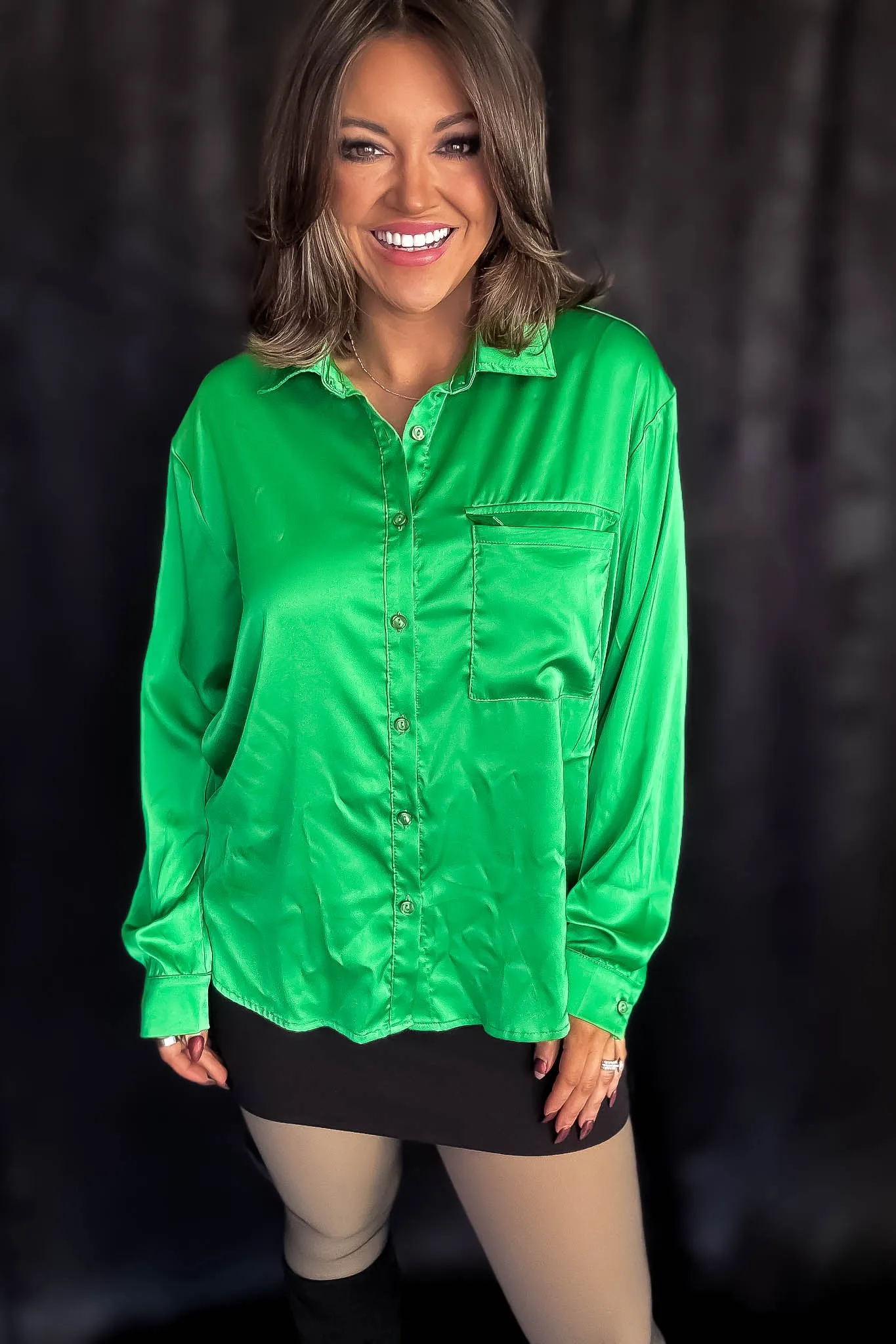 Satin Green Button Down Blouse