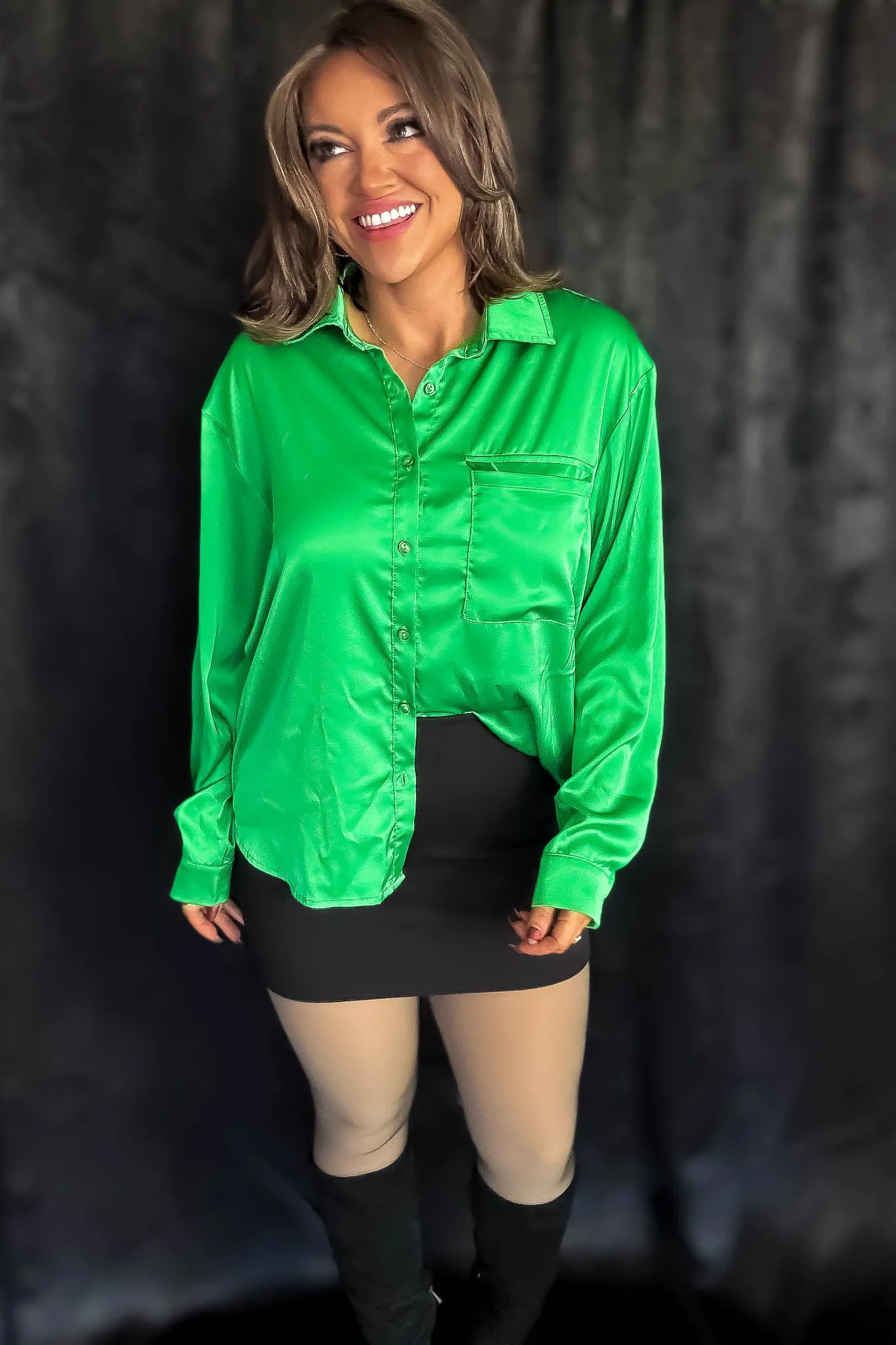 Satin Green Button Down Blouse