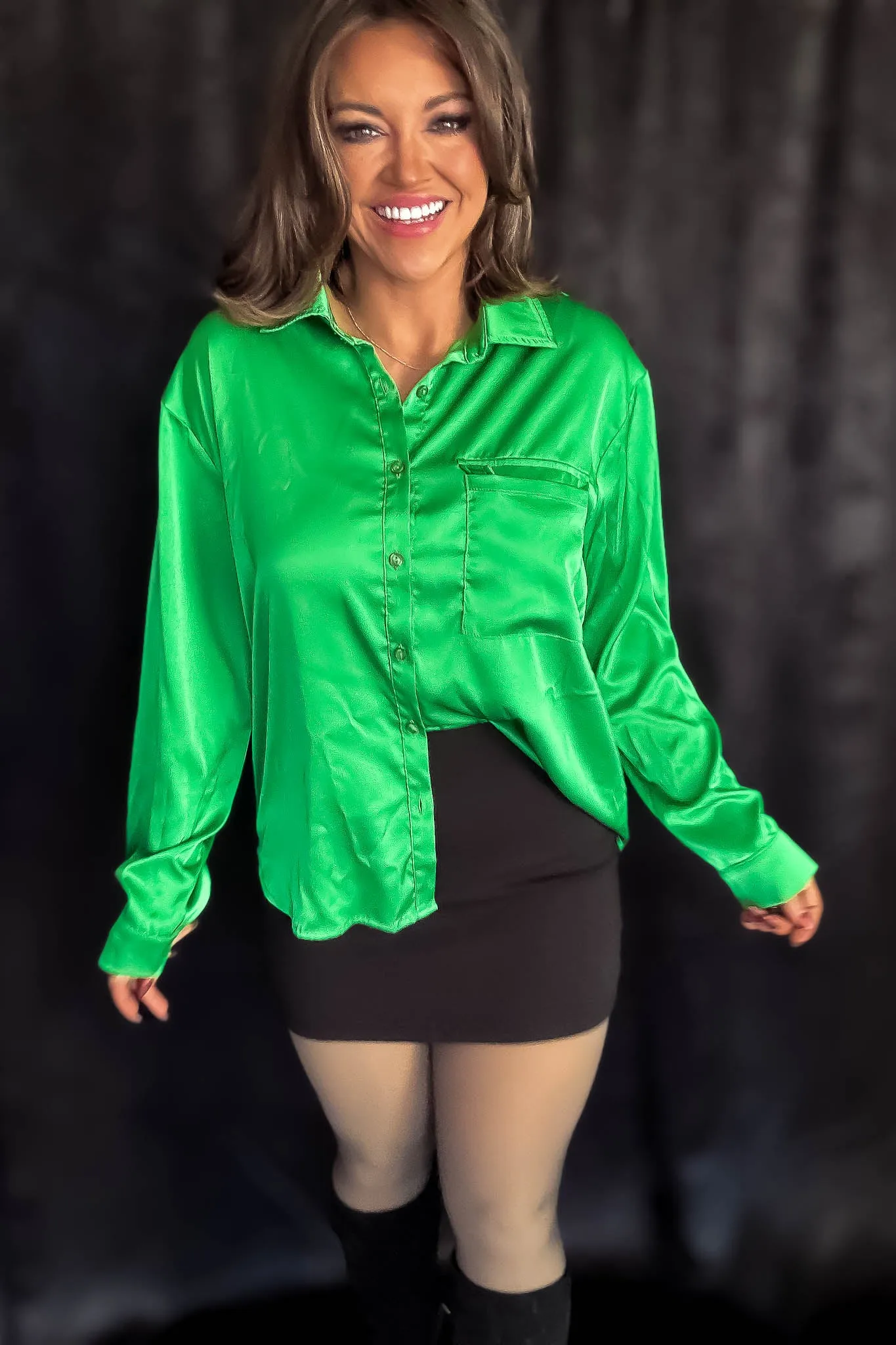 Satin Green Button Down Blouse