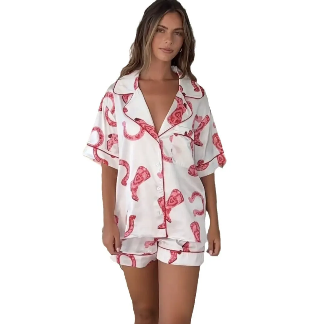 Satin Printed Two-piece Suit Pajamas For Women