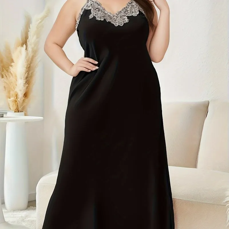 Seductive Elegance Plus Size Guipure Lace V-Neck Satin Sleep Dress for Valentine's Day