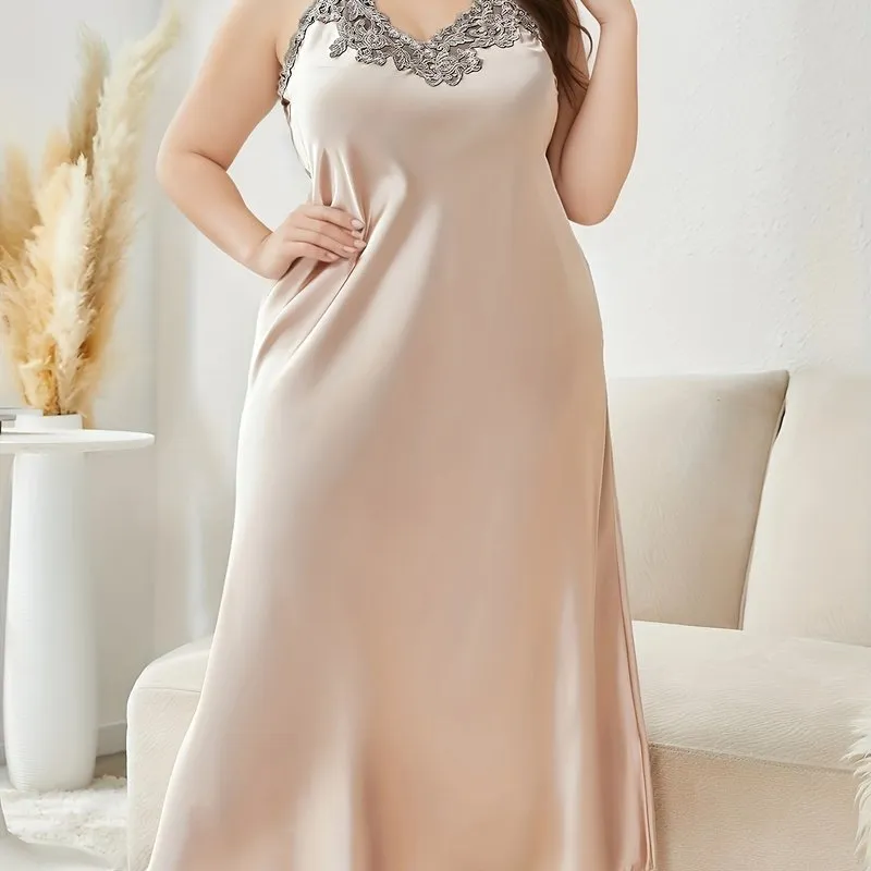 Seductive Elegance Plus Size Guipure Lace V-Neck Satin Sleep Dress for Valentine's Day