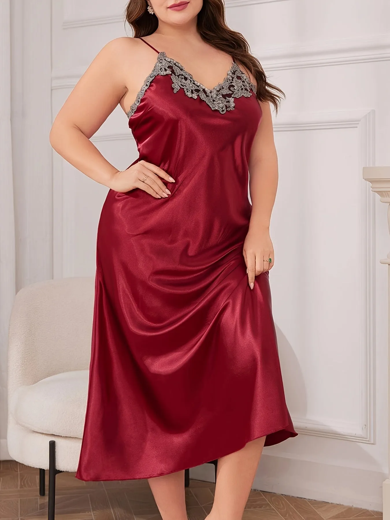 Seductive Elegance Plus Size Guipure Lace V-Neck Satin Sleep Dress for Valentine's Day