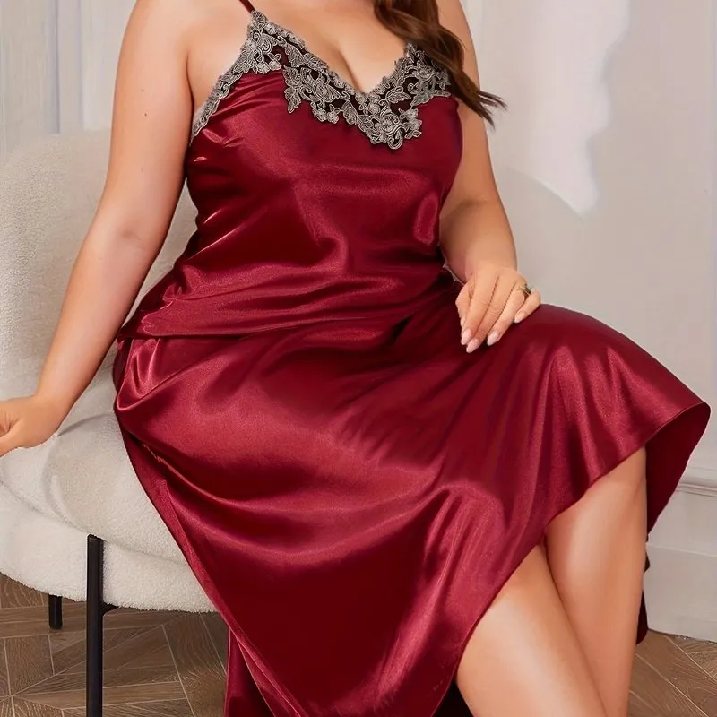 Seductive Elegance Plus Size Guipure Lace V-Neck Satin Sleep Dress for Valentine's Day