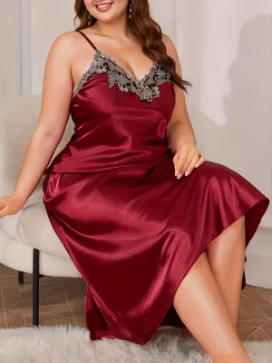 Seductive Elegance Plus Size Guipure Lace V-Neck Satin Sleep Dress for Valentine's Day